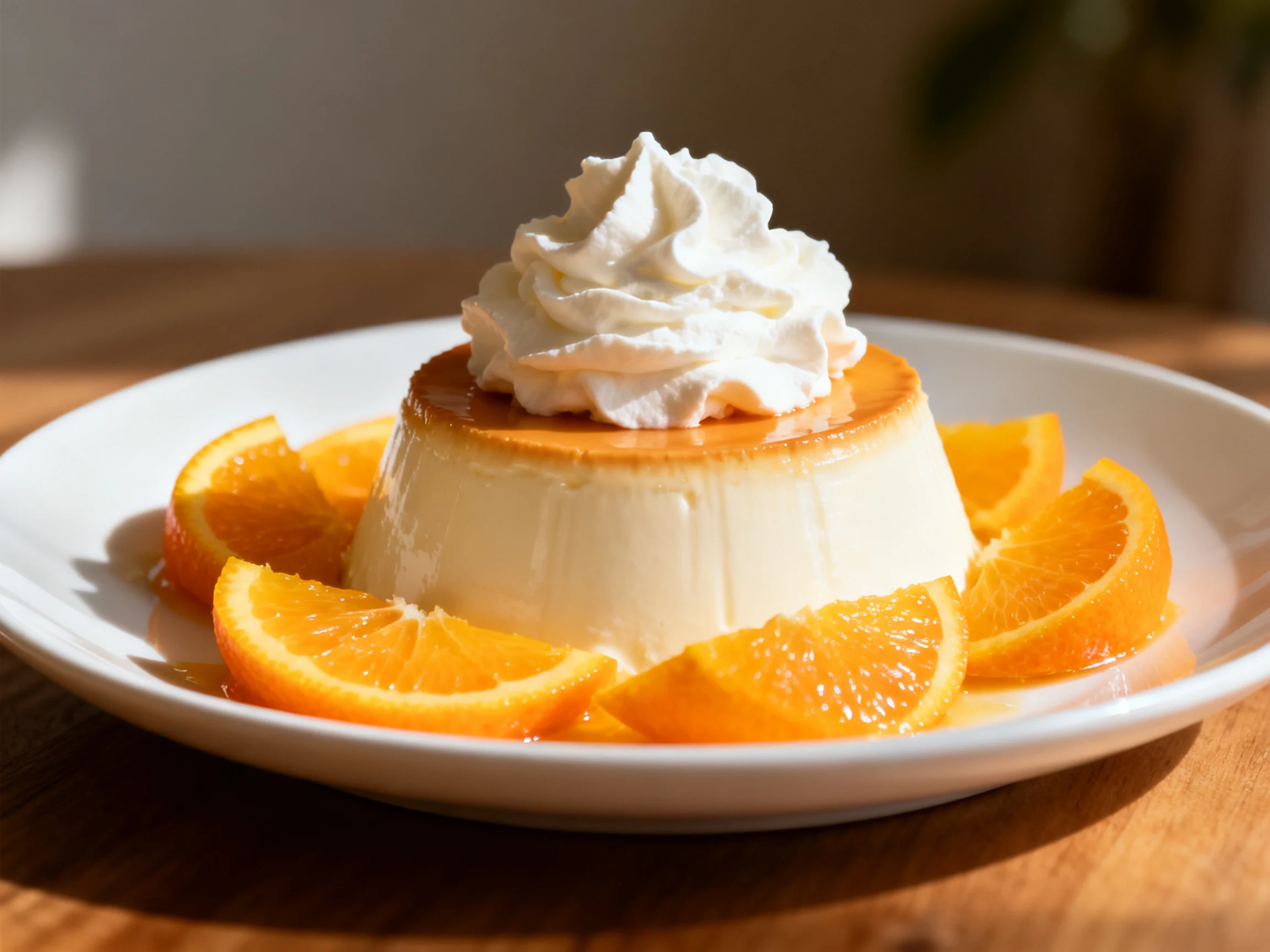 A creamy flan topped with whipped cream, surrounded by fresh orange slices