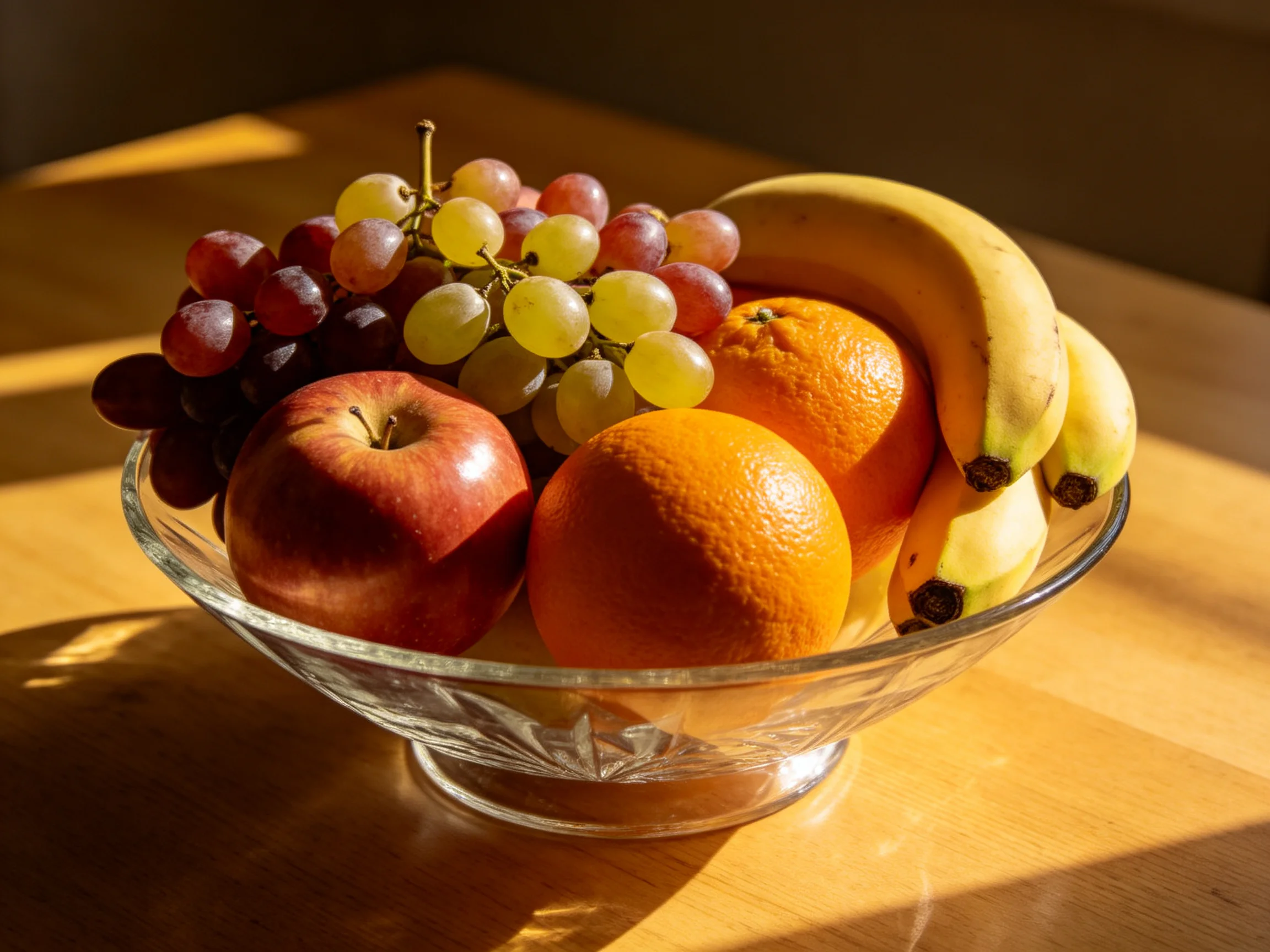 A crystal bowl holds apples, grapes, oranges, and bananas on a wooden table