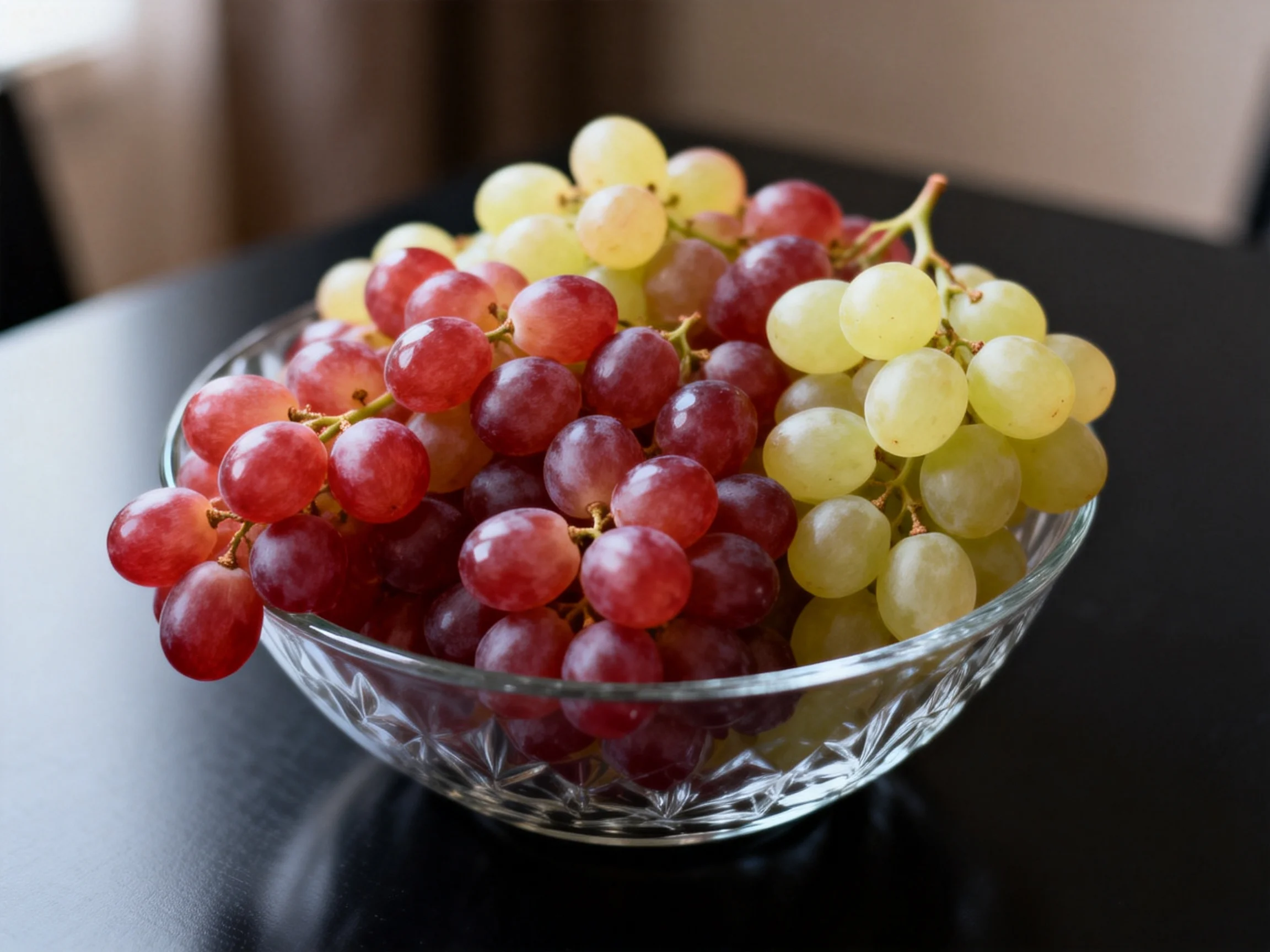 A crystal bowl holds vibrant red and green grape clusters