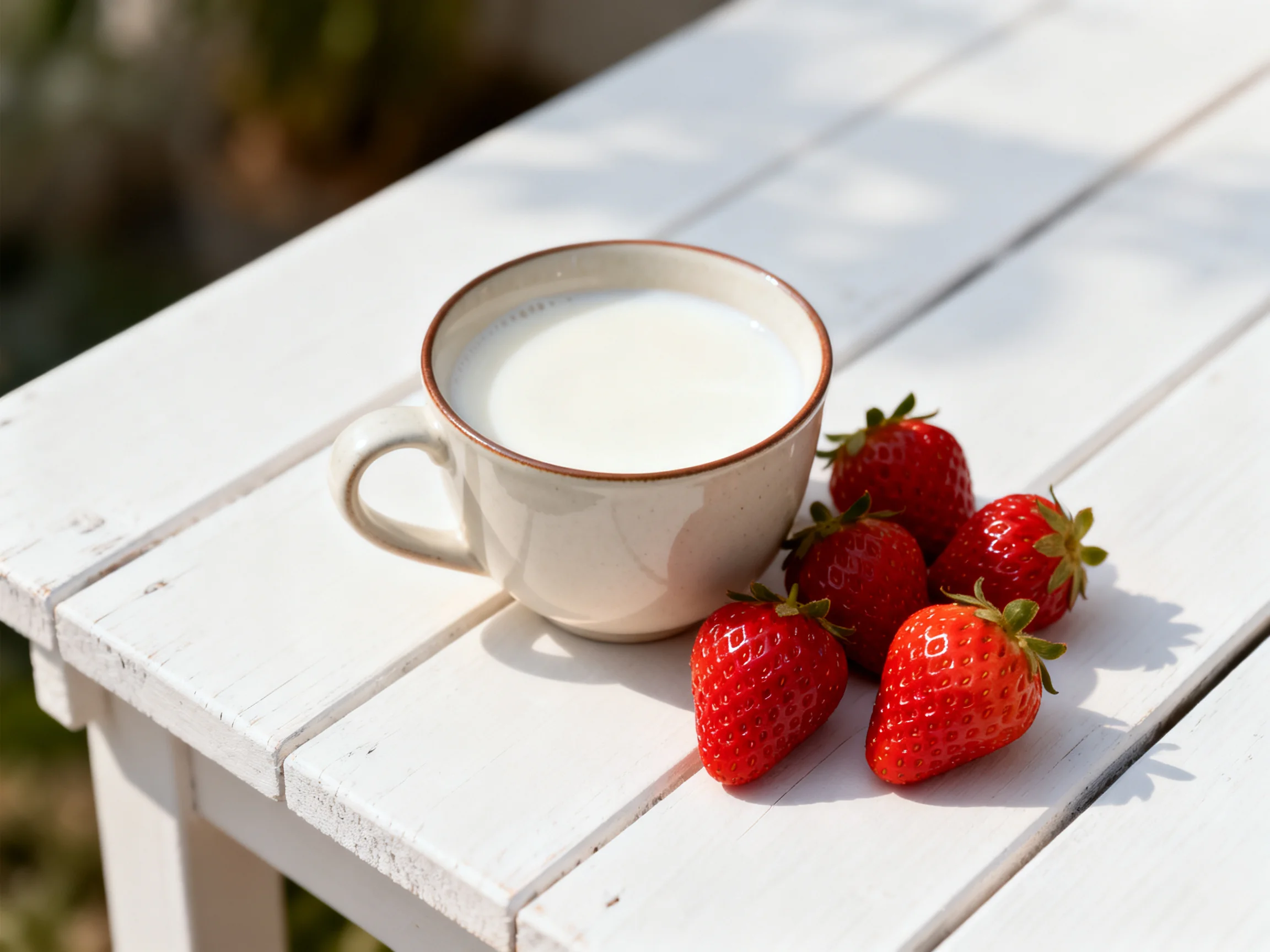 A cup of creamy milk beside six vibrant strawberries on a white wooden table