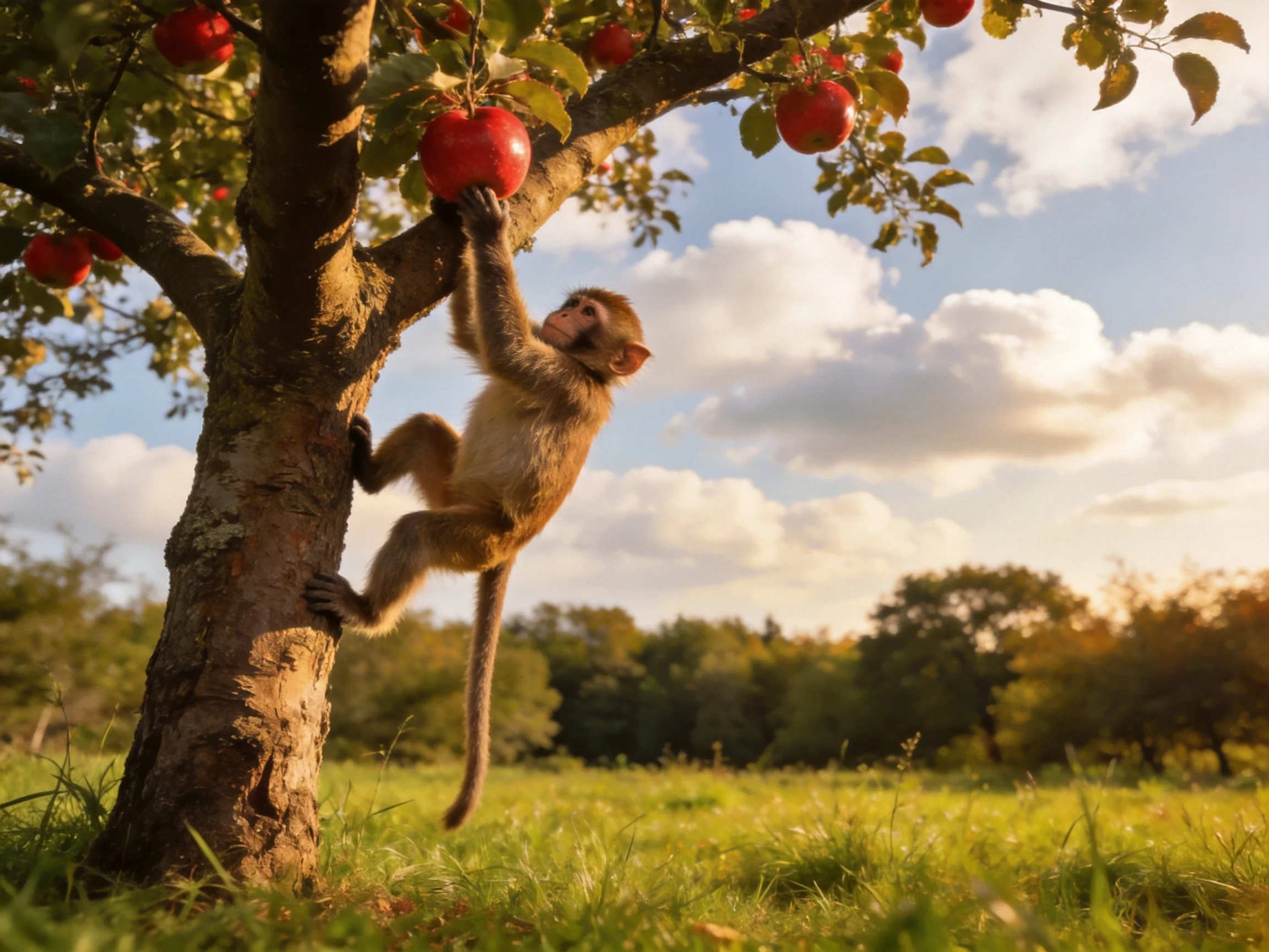 A curious monkey climbs a fruit-filled apple tree with bright red apples