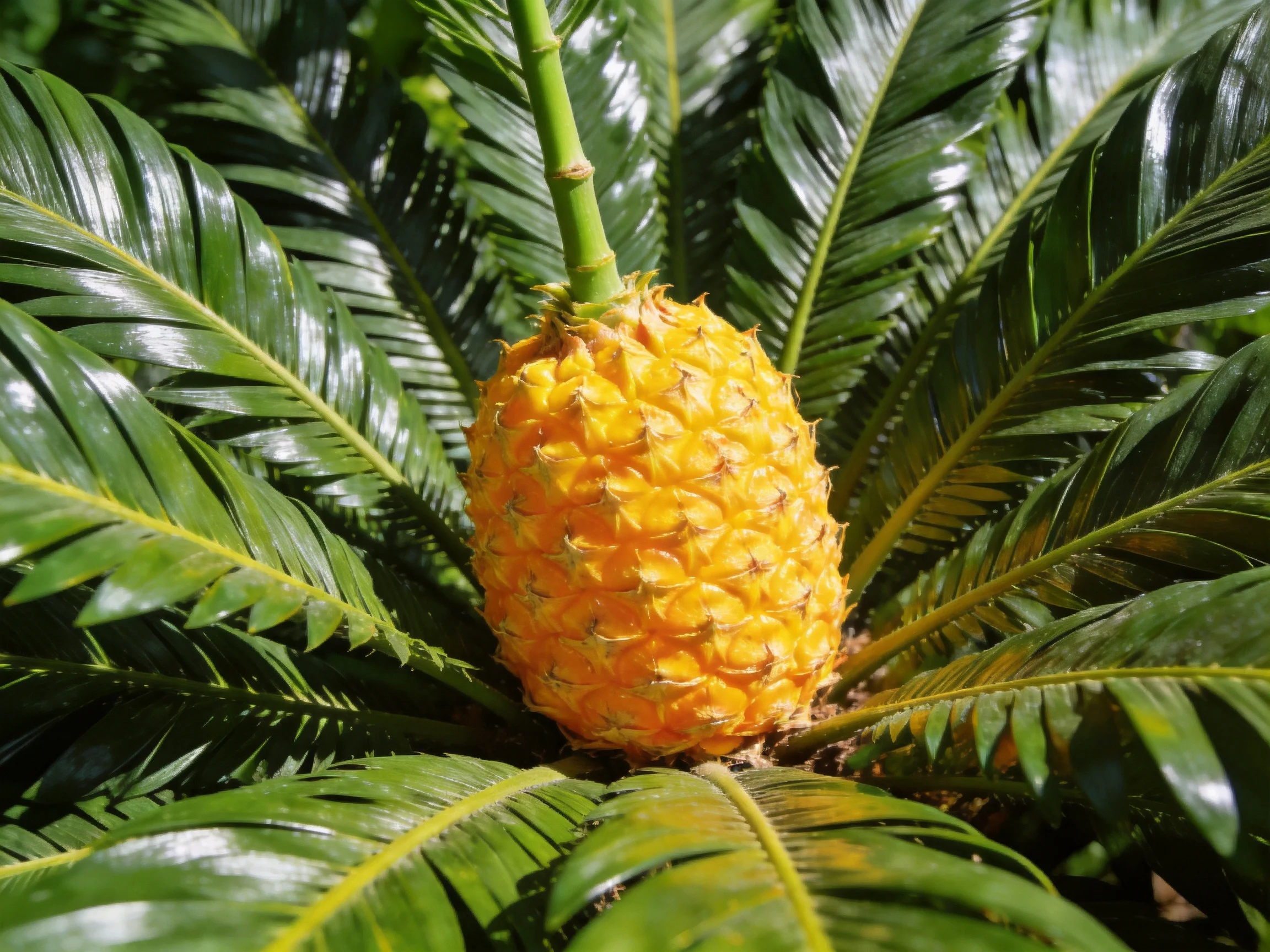 A cycad plant with a golden seed cone amidst lush green fronds