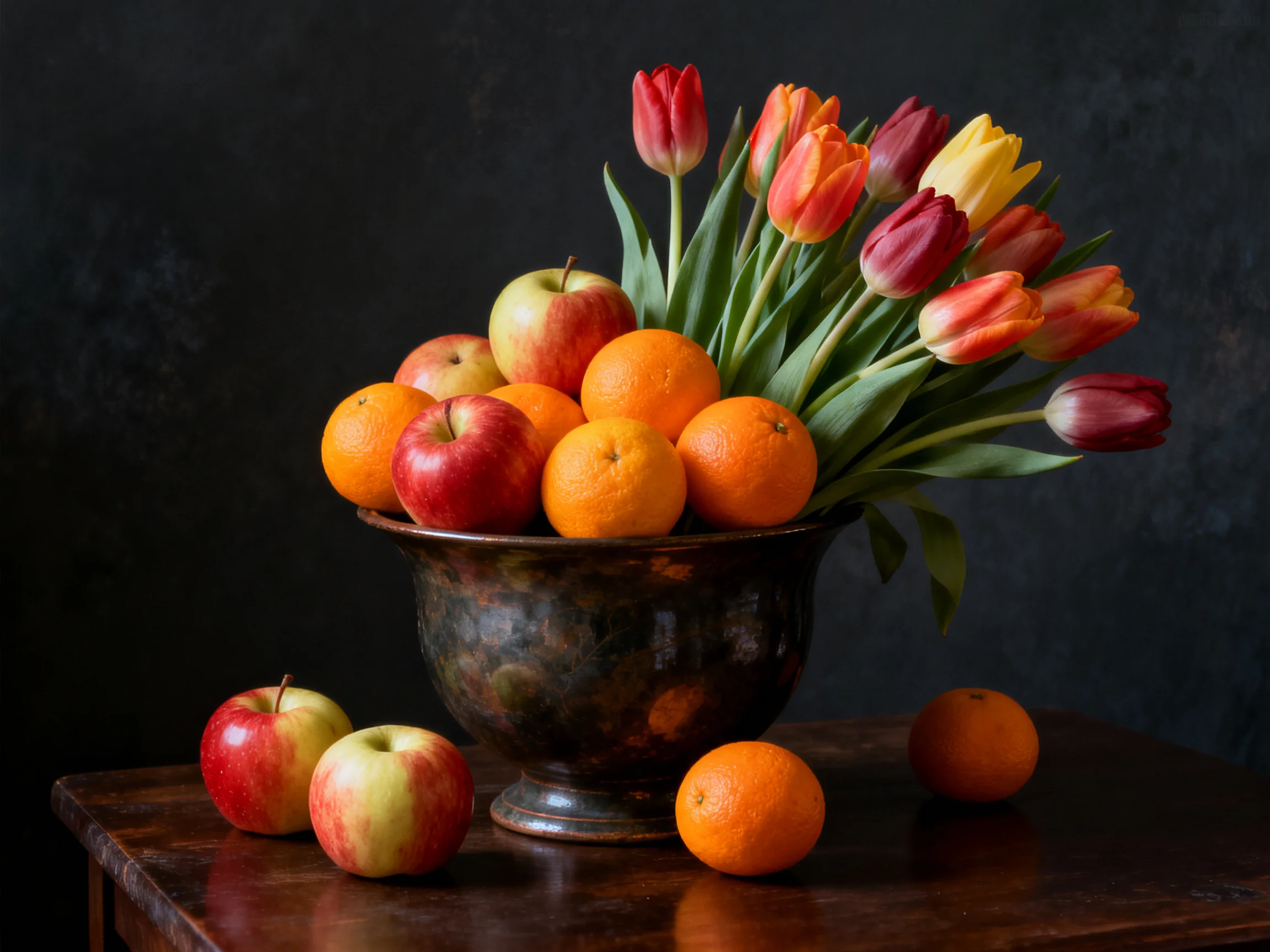 A dark bowl with red apples, oranges, and colorful tulips