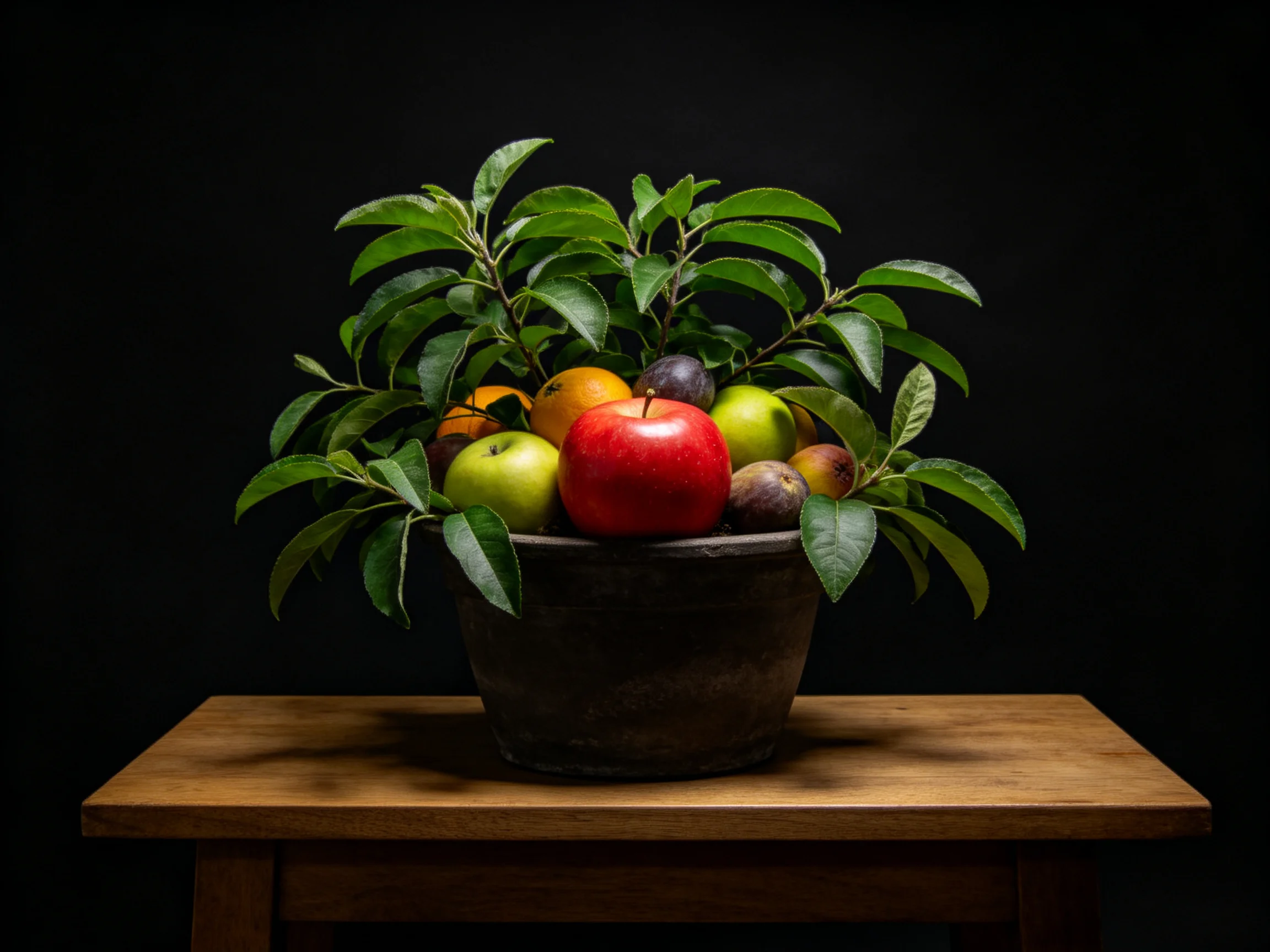 A dark pot holds assorted colorful fruits and lush green leaves