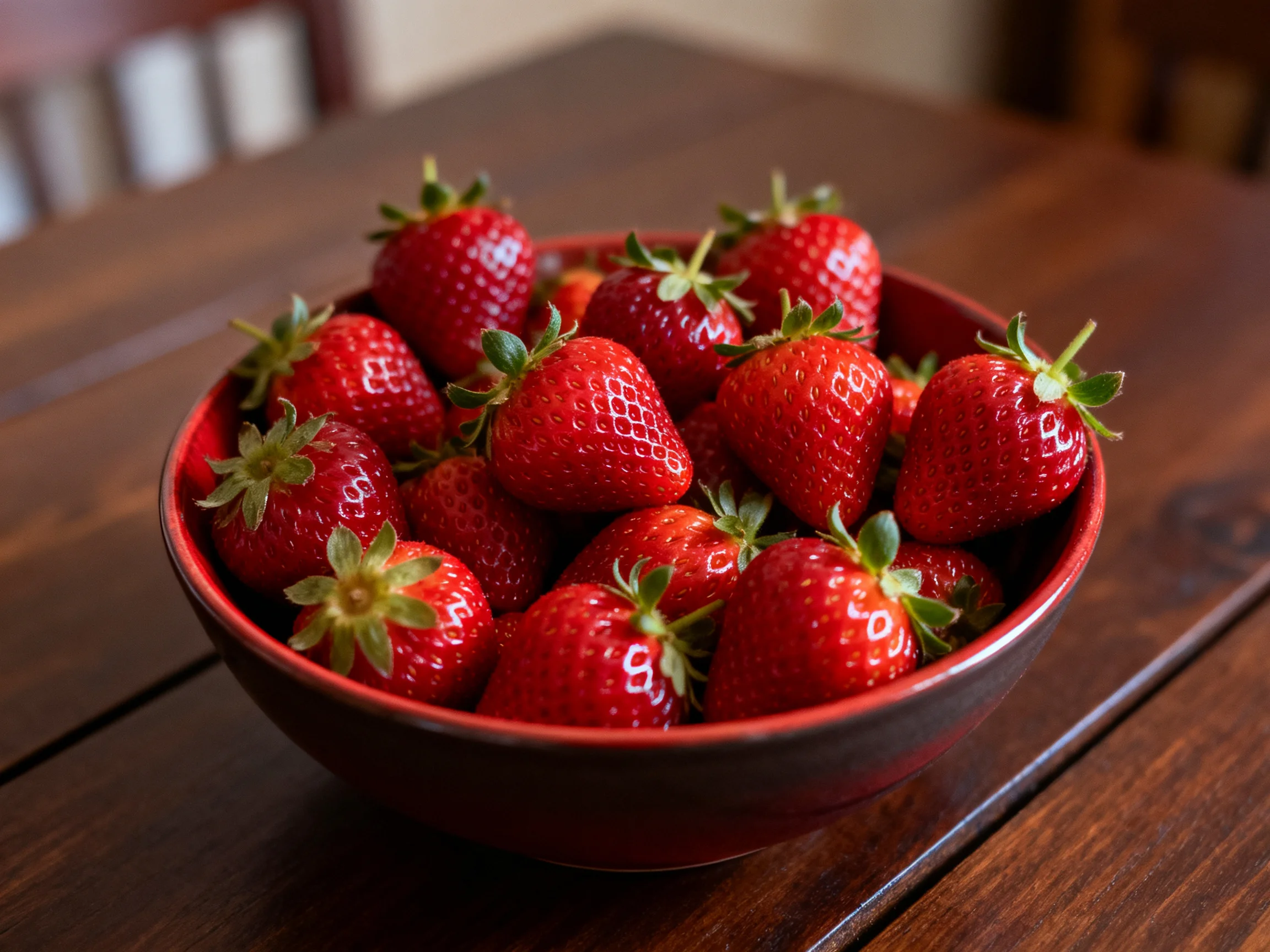 A dark red bowl filled with fresh strawberries on a wooden table
