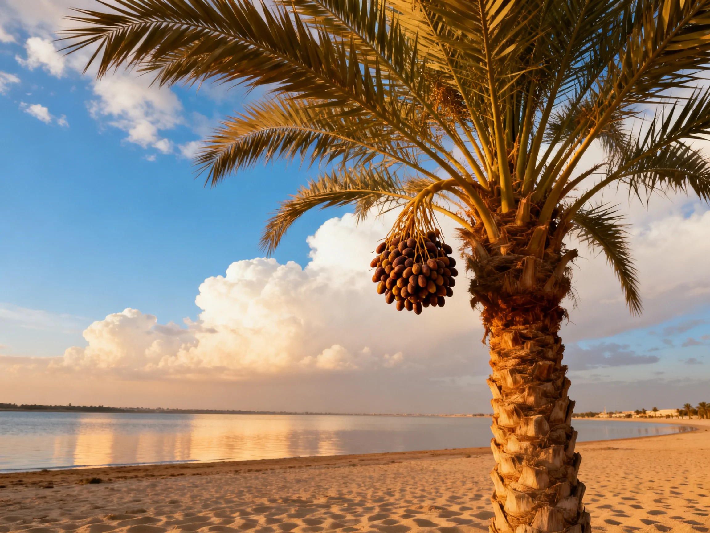 A date-laden palm tree stands on a sandy beach beside calm waters under a bright sky