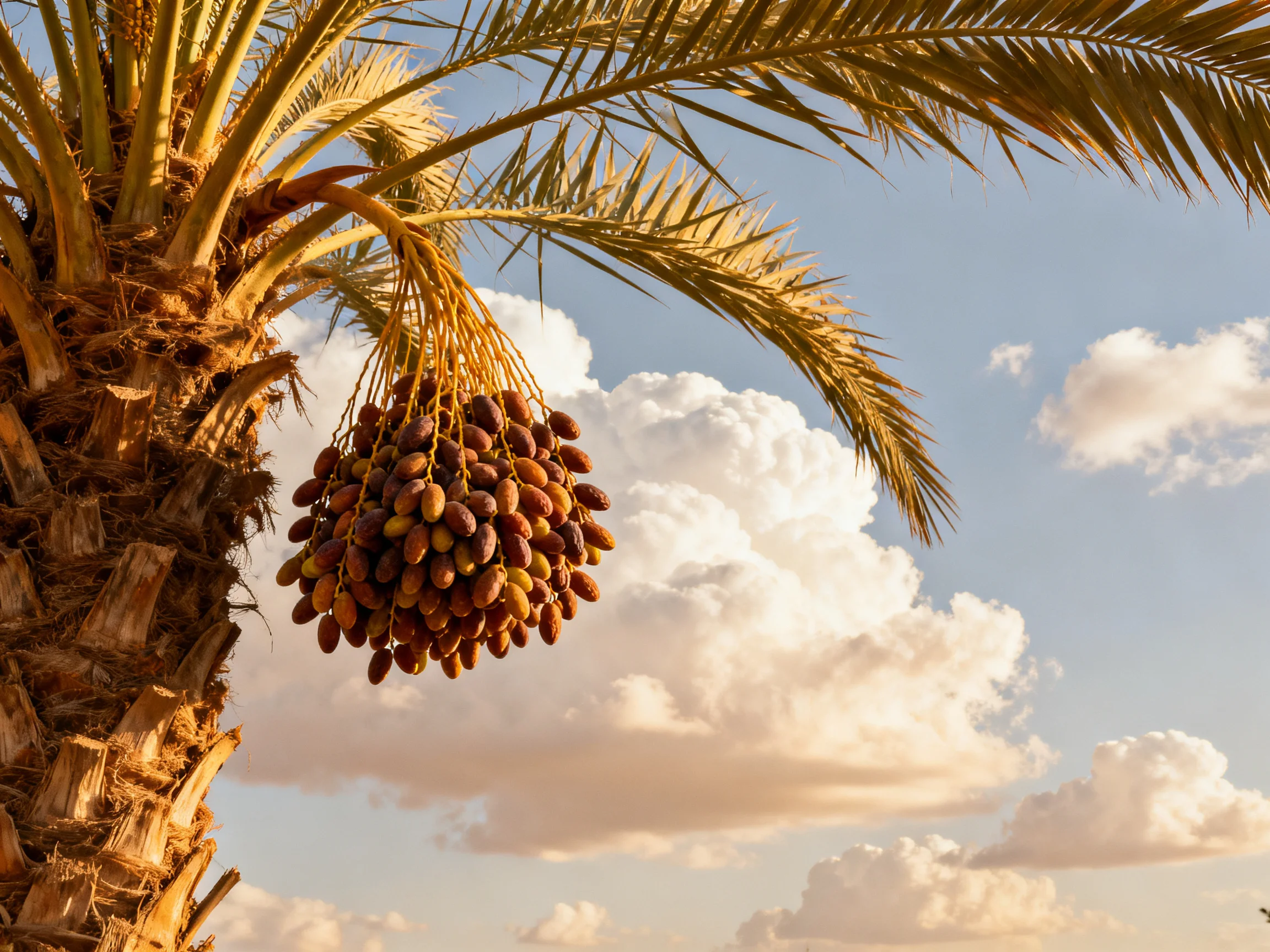 A date palm tree bears a large cluster of multicolored dates under a sunny sky