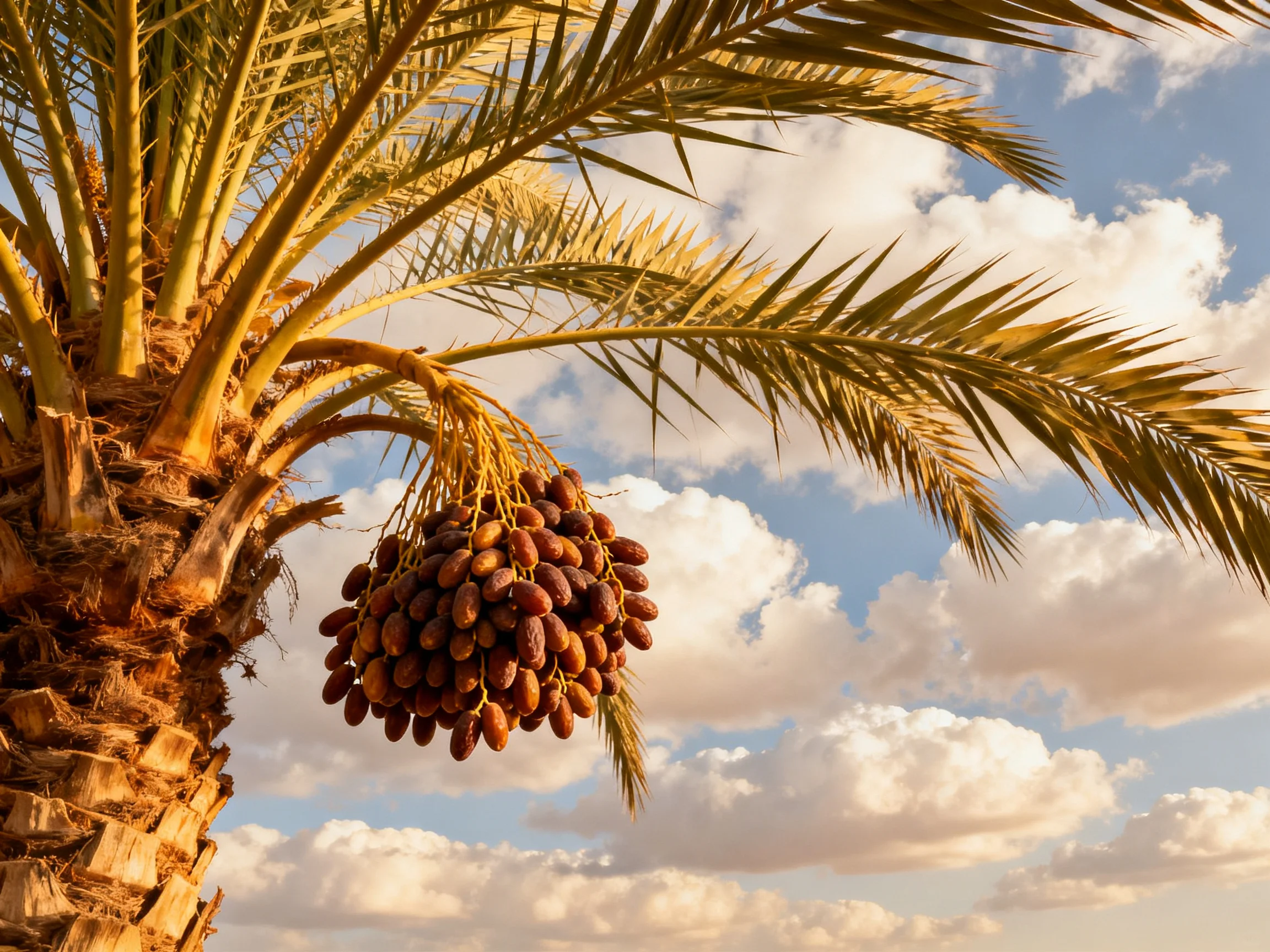 A date palm tree bears a substantial cluster of dark-brown dates beneath a bright blue sky