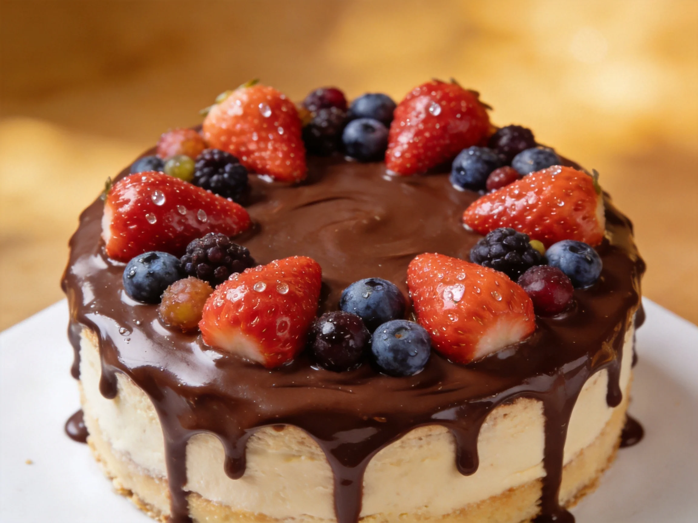A decadent cheesecake adorned with fresh mixed berries and chocolate drizzle