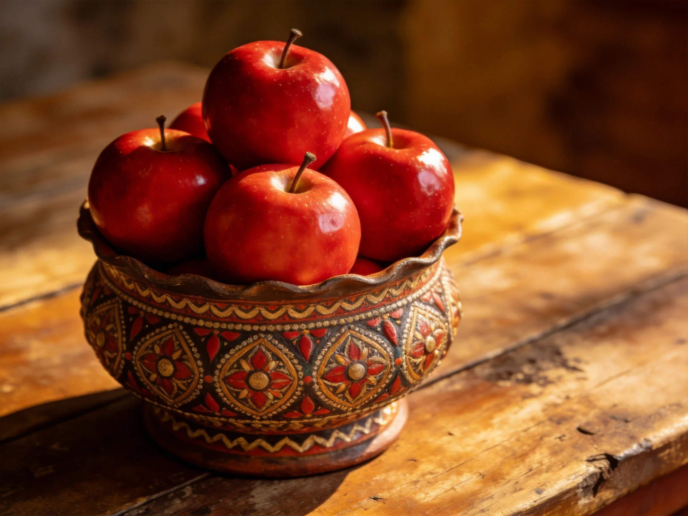 A decorative bowl filled with vibrant red apples on a rustic wooden table