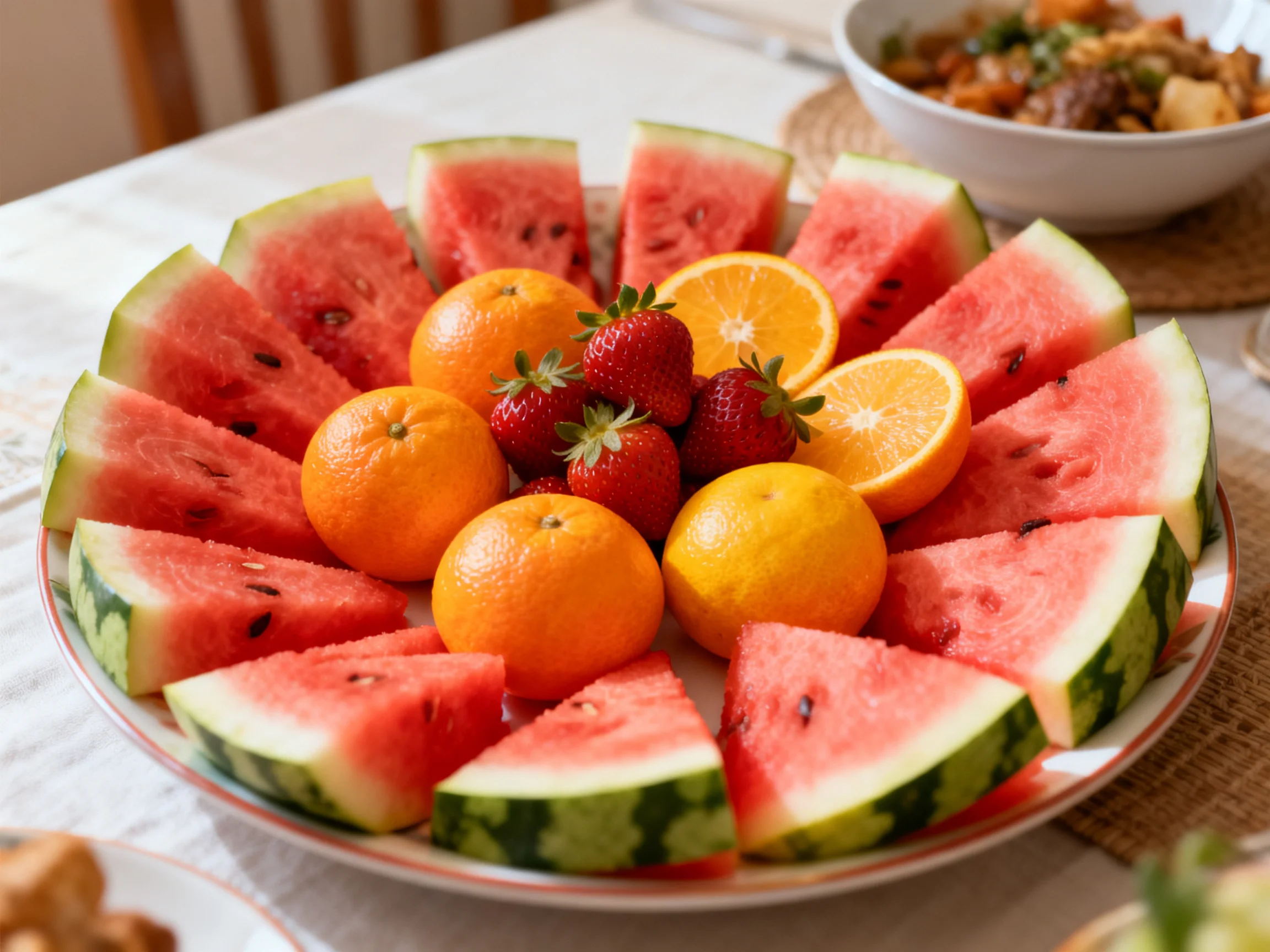 A decorative fruit platter with watermelon, oranges, and strawberries