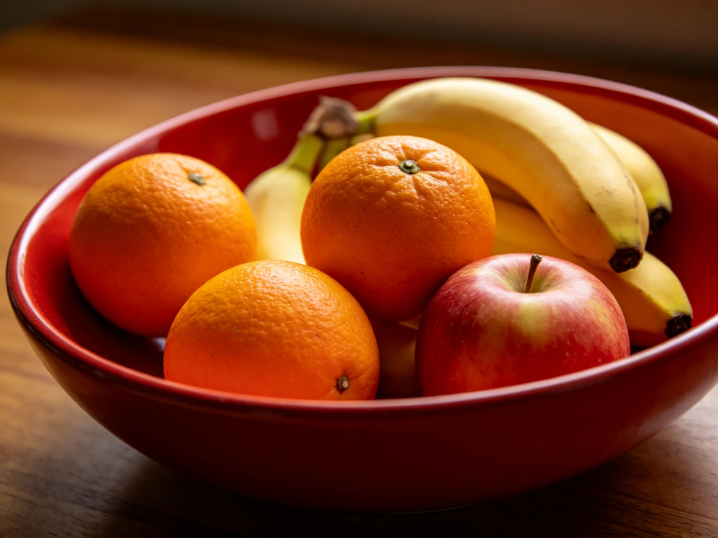 A deep red bowl contains three oranges, two bananas, and an apple