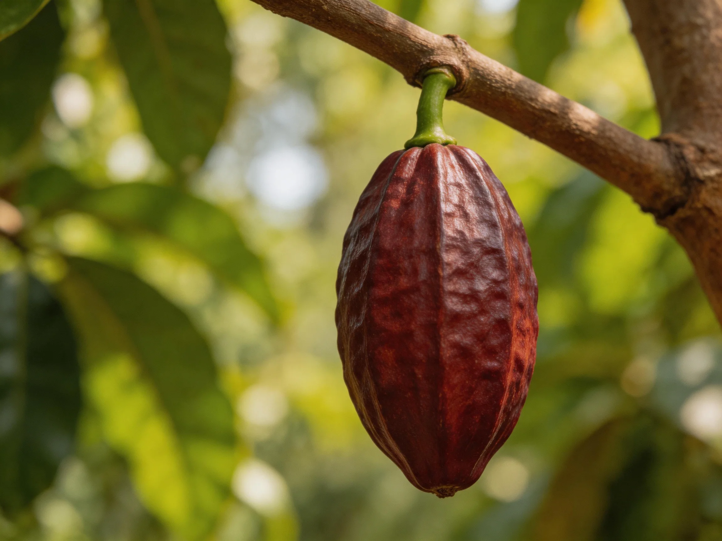 A deep reddish-brown cacao pod hangs from a tree branch