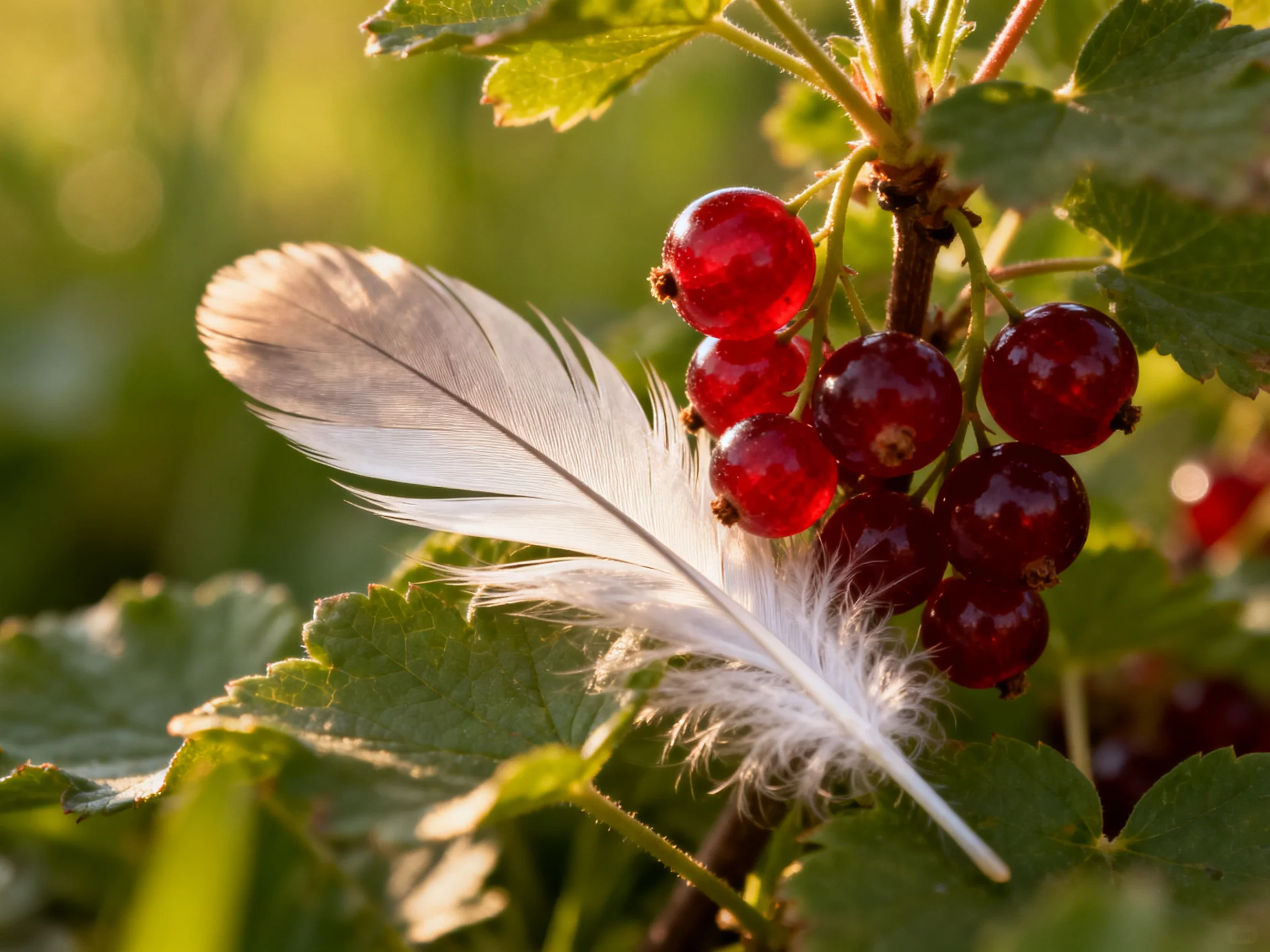 A delicate white feather rests beside vibrant red berries among lush green foliage
