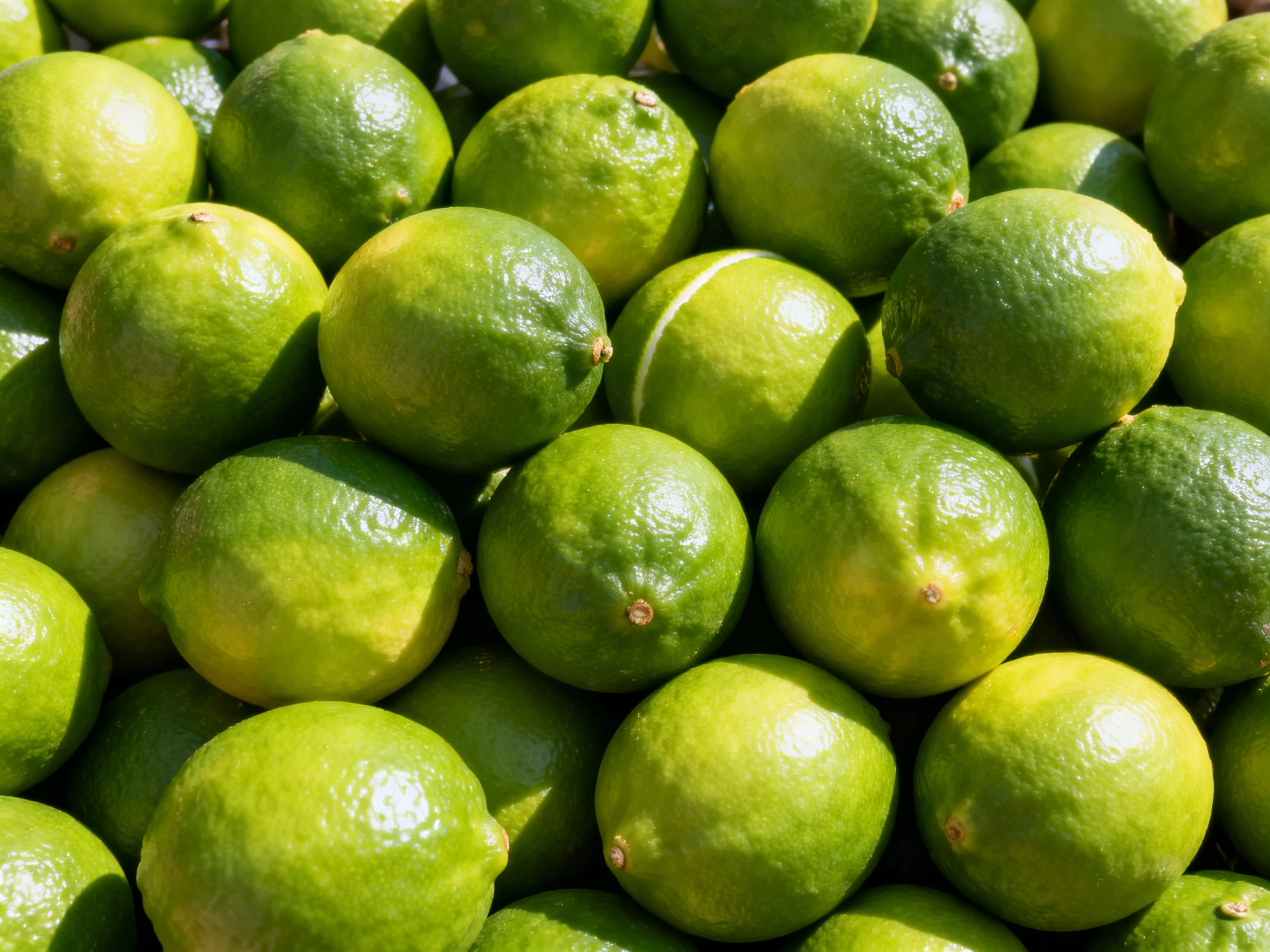 A dense arrangement of bright green limes piled closely together
