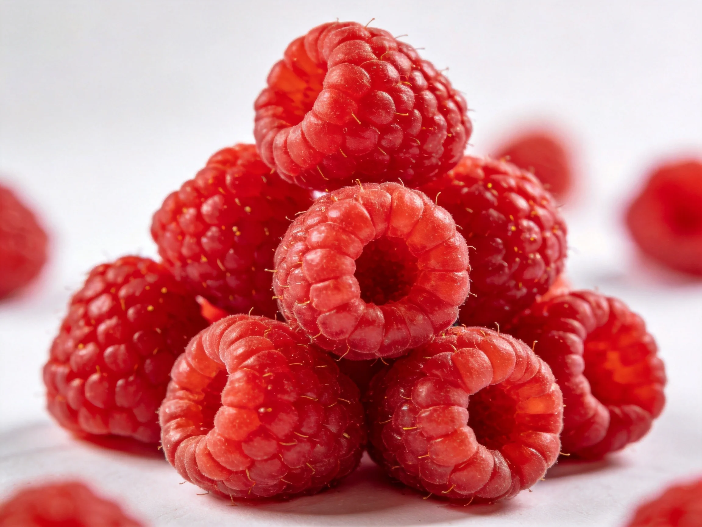 A dense arrangement of plump, bright red raspberries forming a pyramid