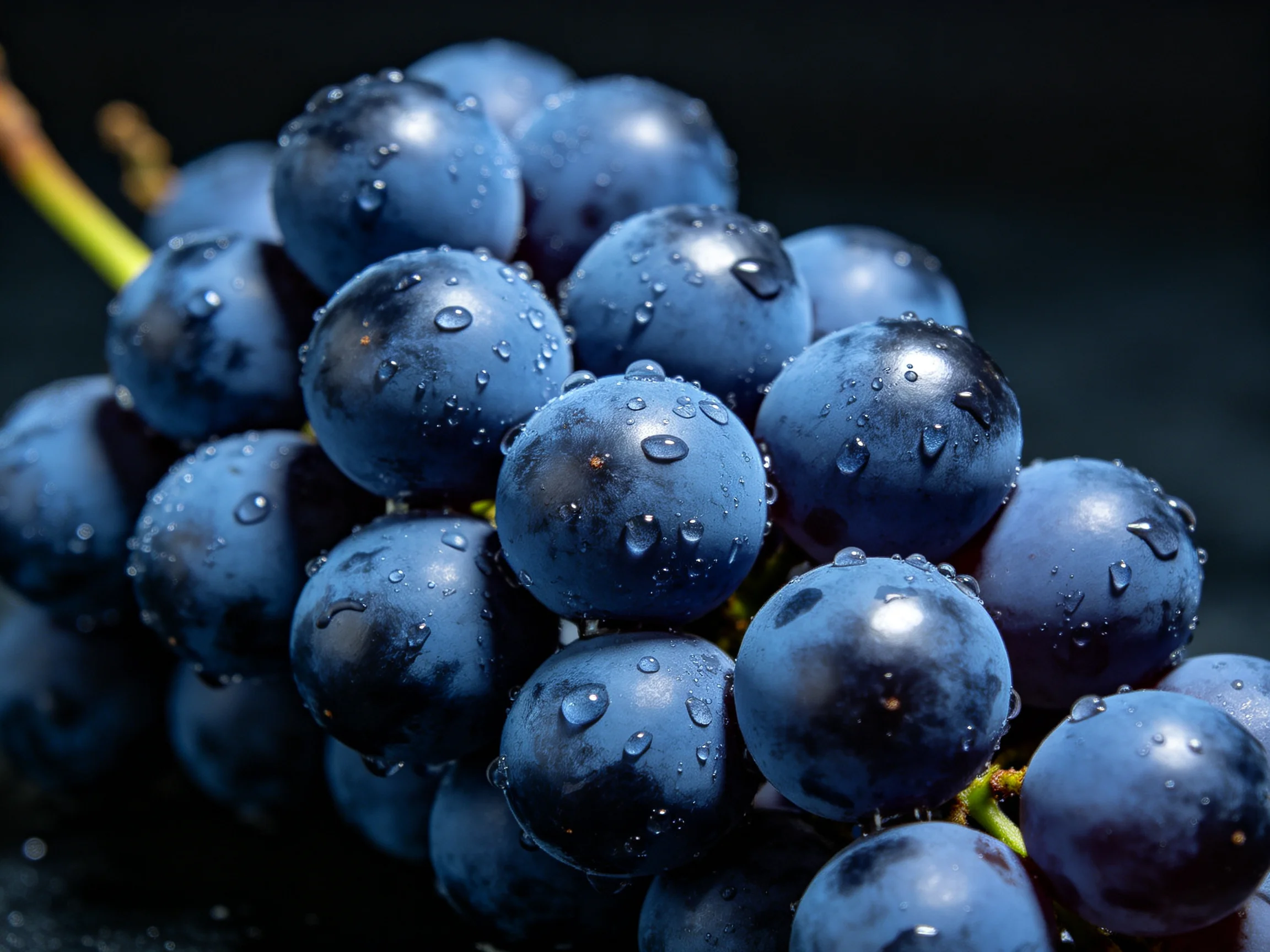 A dense cluster of deep purple grapes glistens with water droplets