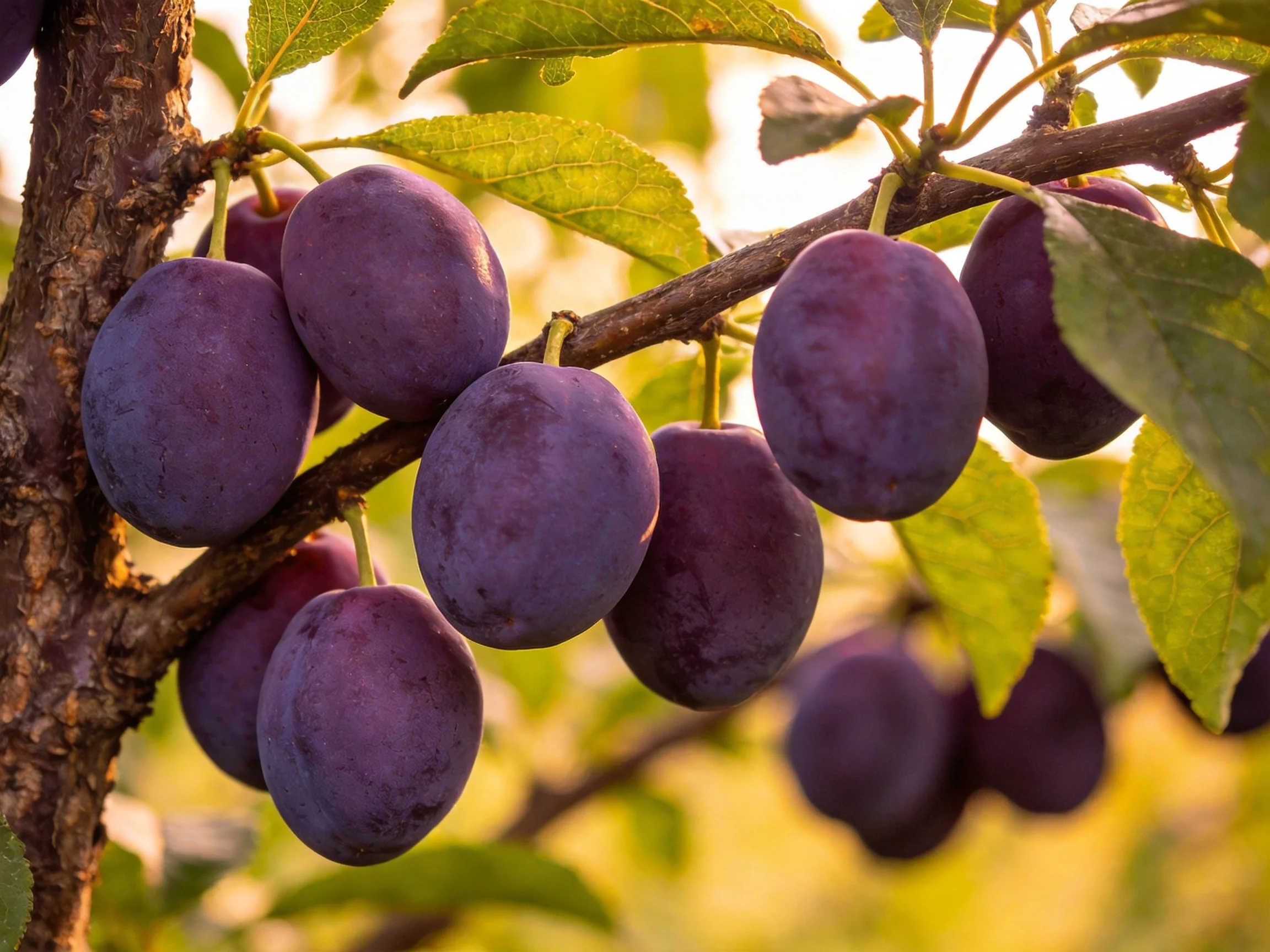 A dense cluster of deep-purple plums grows on a tree branch