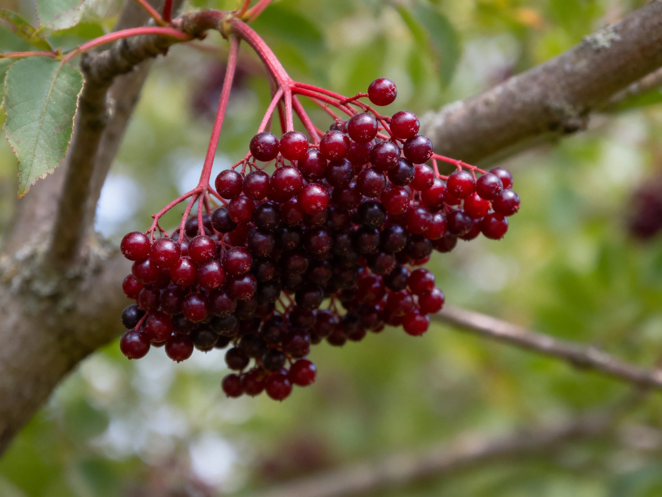 A dense cluster of deep red berries hangs from a tree branch