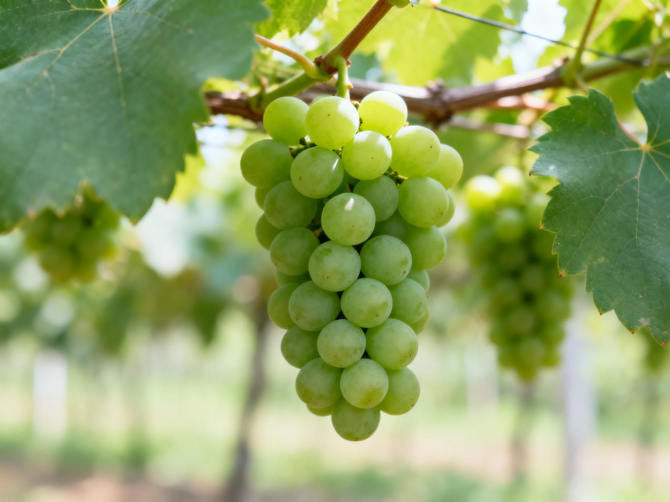 A dense cluster of fresh green grapes hangs from a vine in a sunlit vineyard.