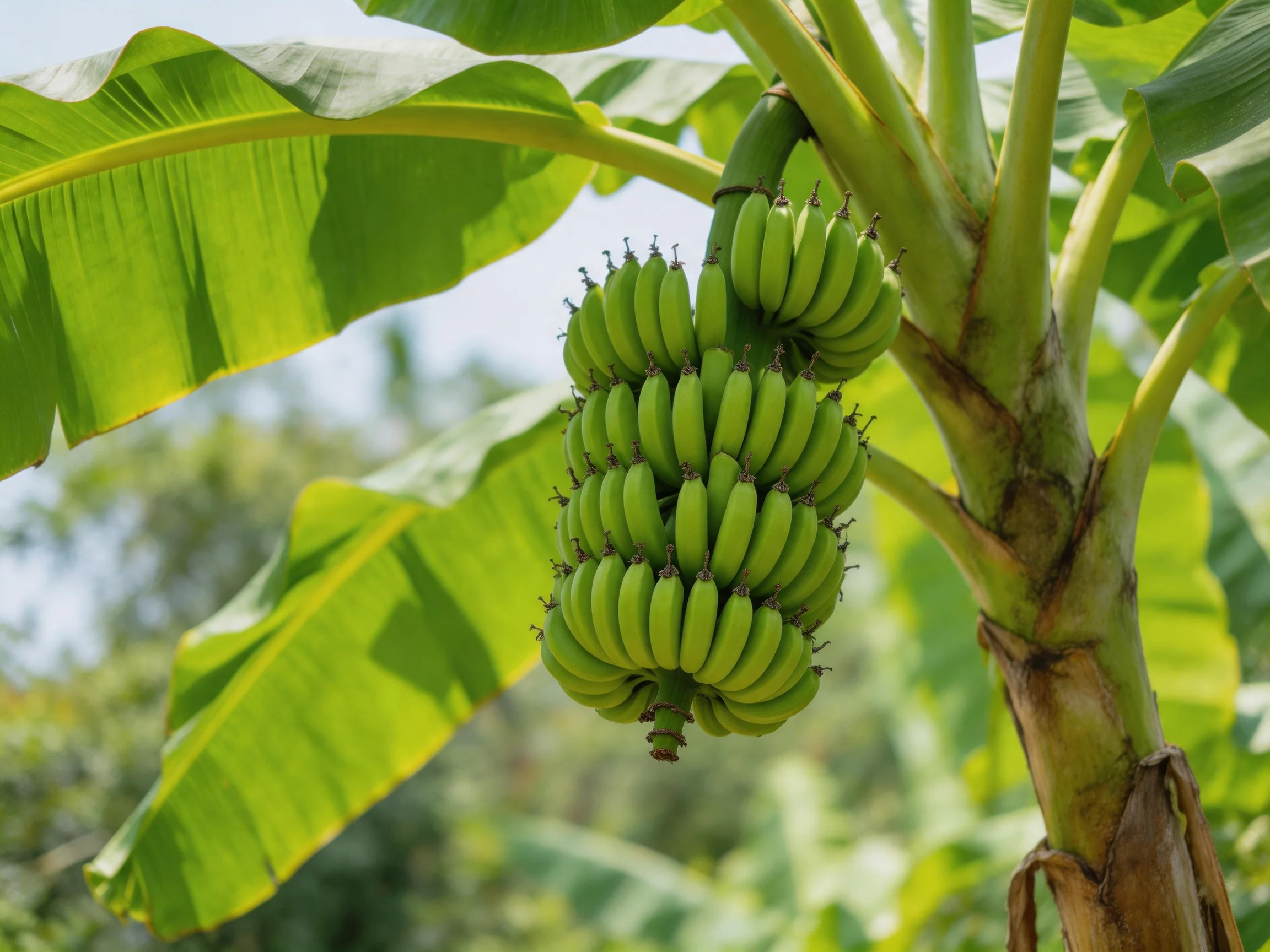 A dense cluster of vibrant green bananas hangs from a tall banana tree