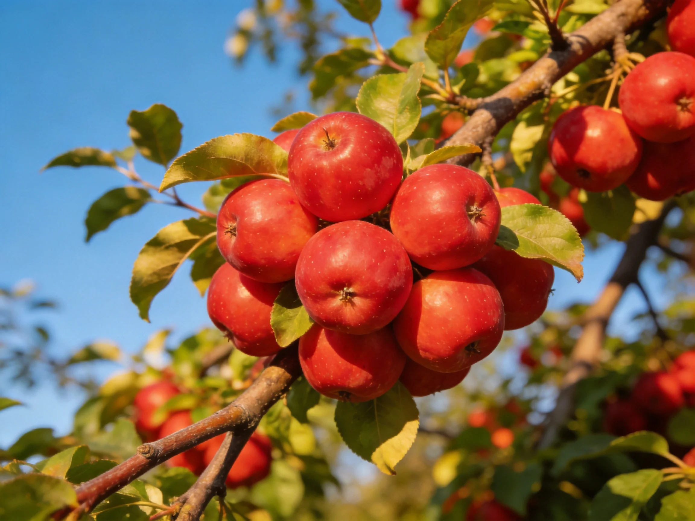 A dense cluster of vibrant red apples grows on a tree branch beneath a clear blue sky