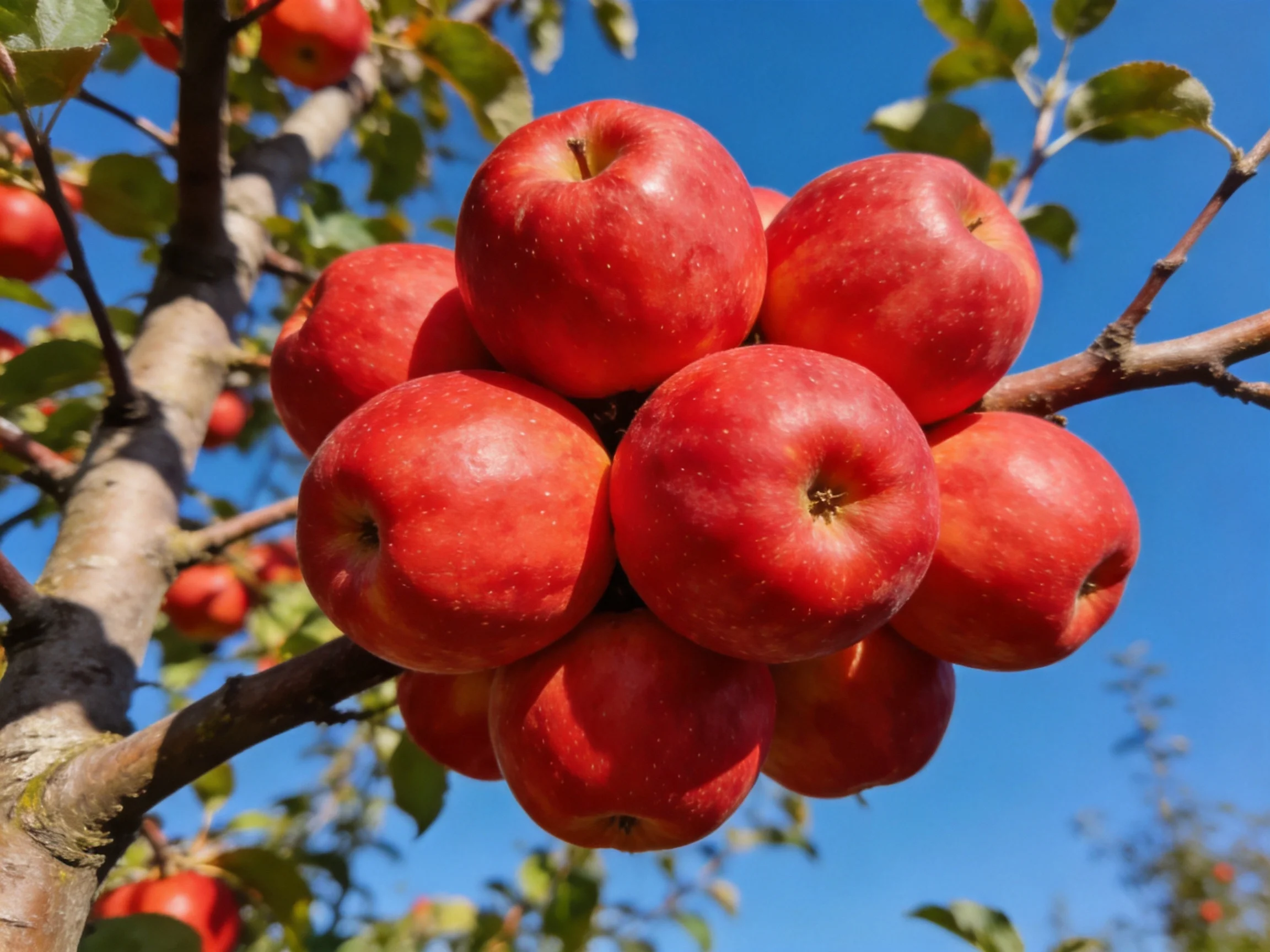 A dense clusterof bright red apples on a tree branch