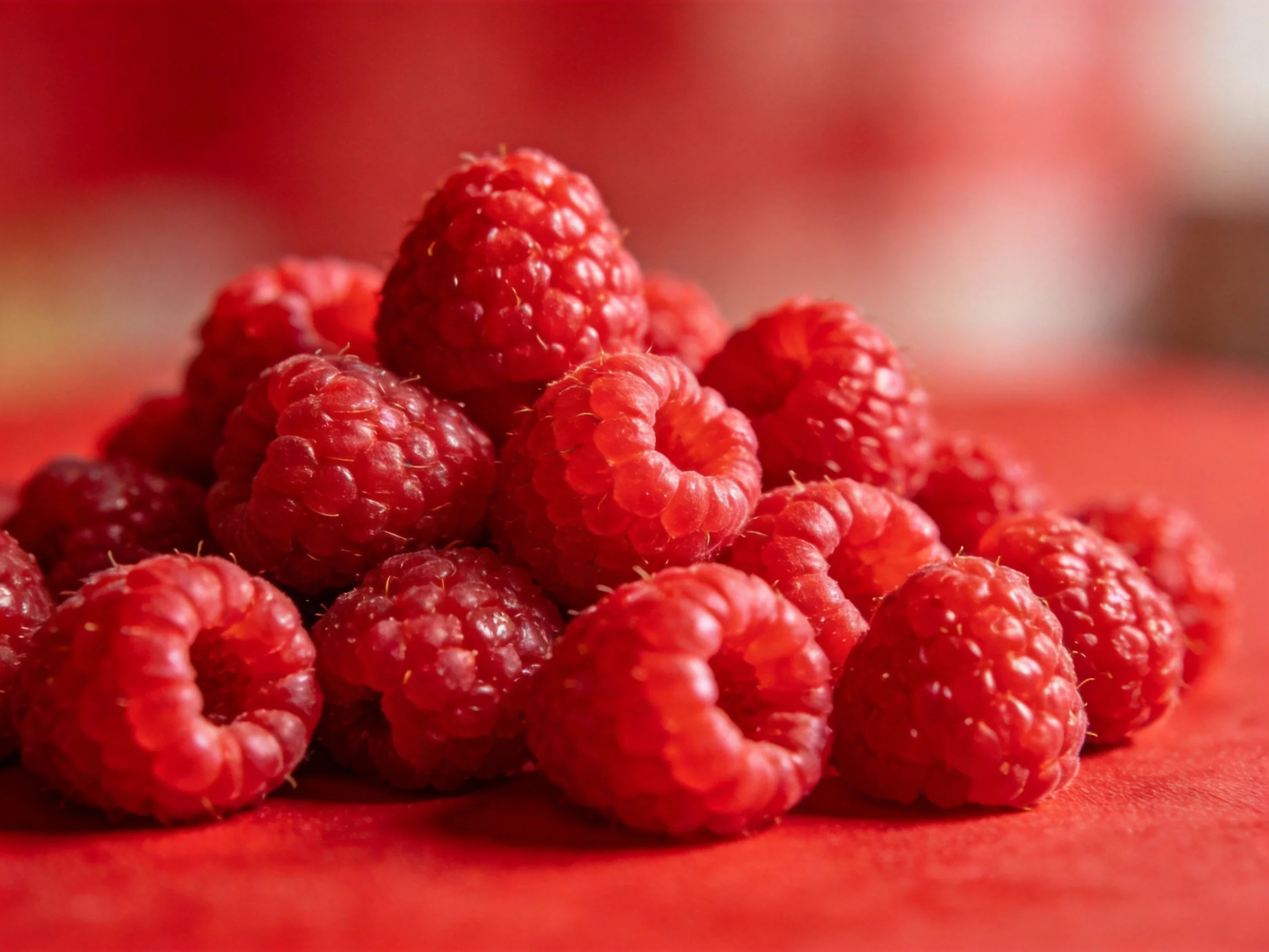 A dense pile of bright red raspberries with textured surfaces