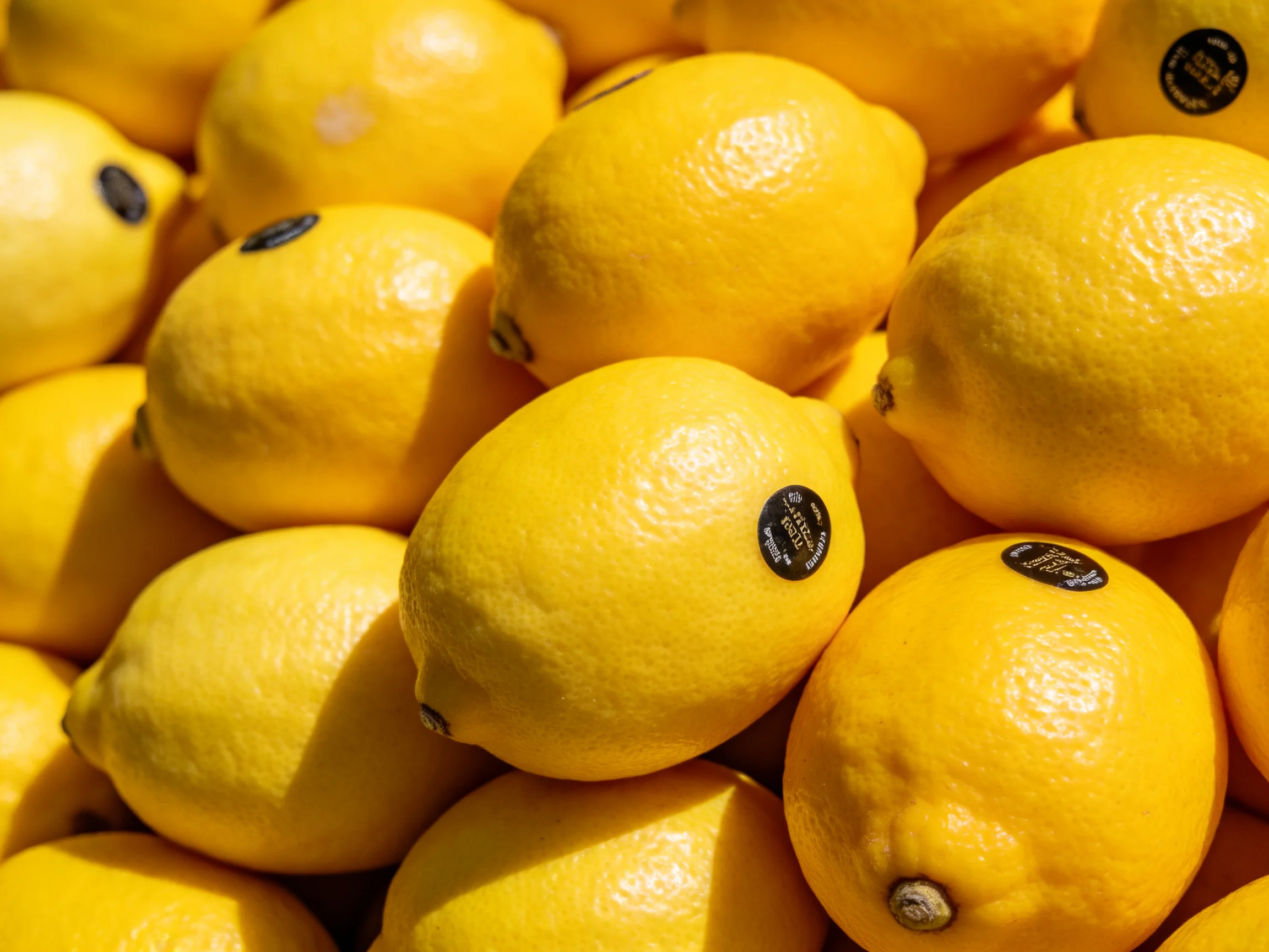 A dense pile of bright yellow lemons with small black labels