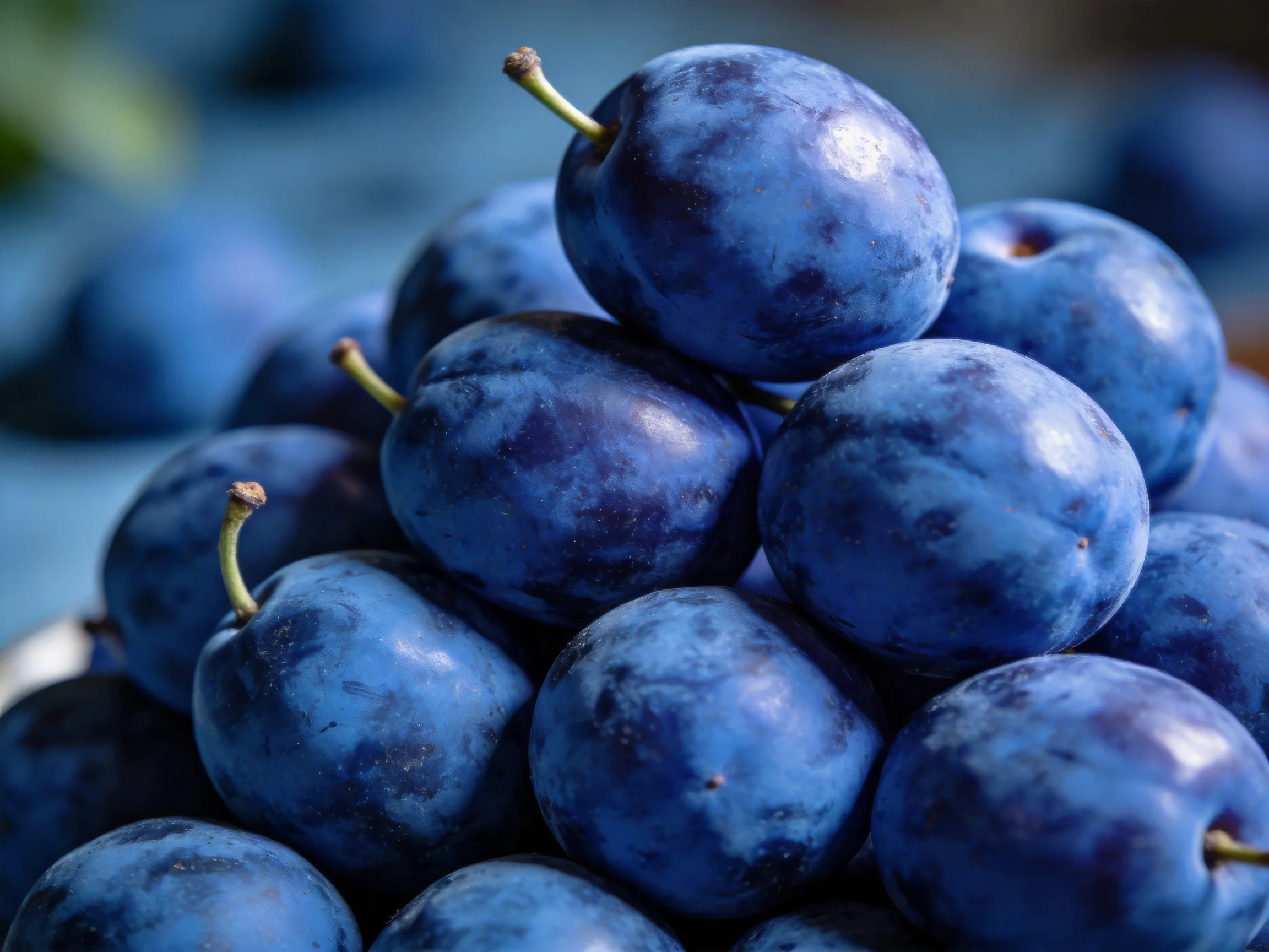 A dense pile of deep blue-purple plums stacked in a pyramid