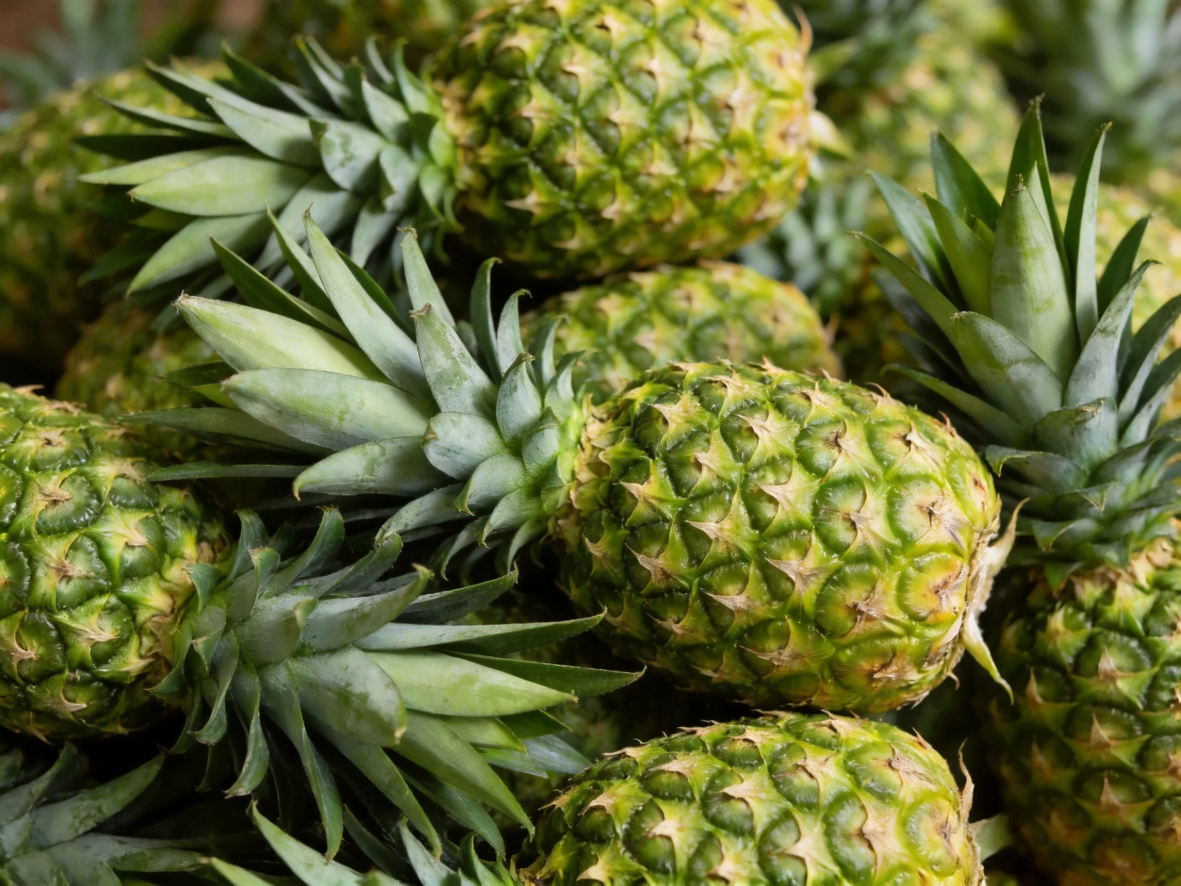 A dense pile of fresh green pineapples with textured exteriors