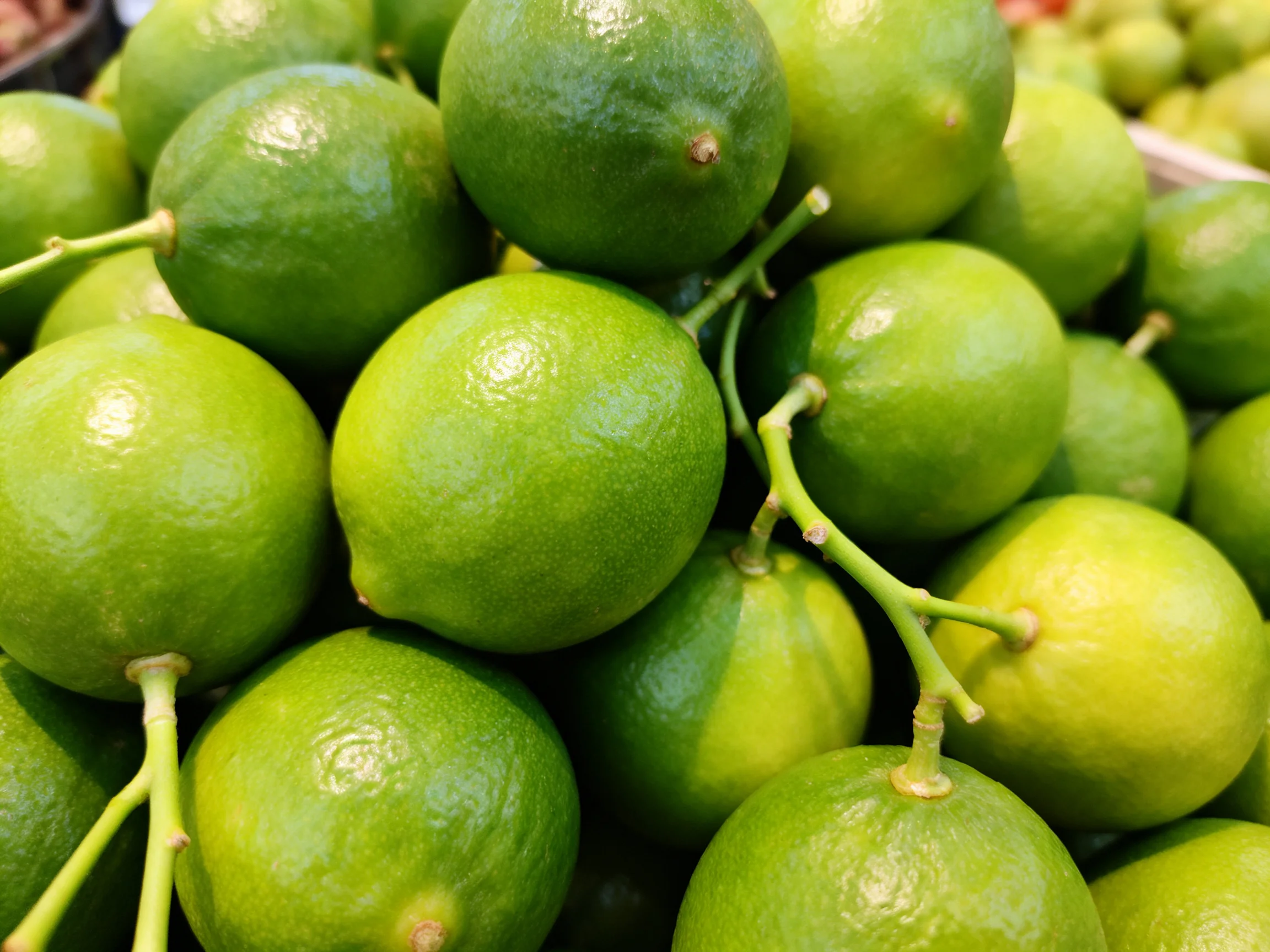 A dense pileof bright green limes with attached stems