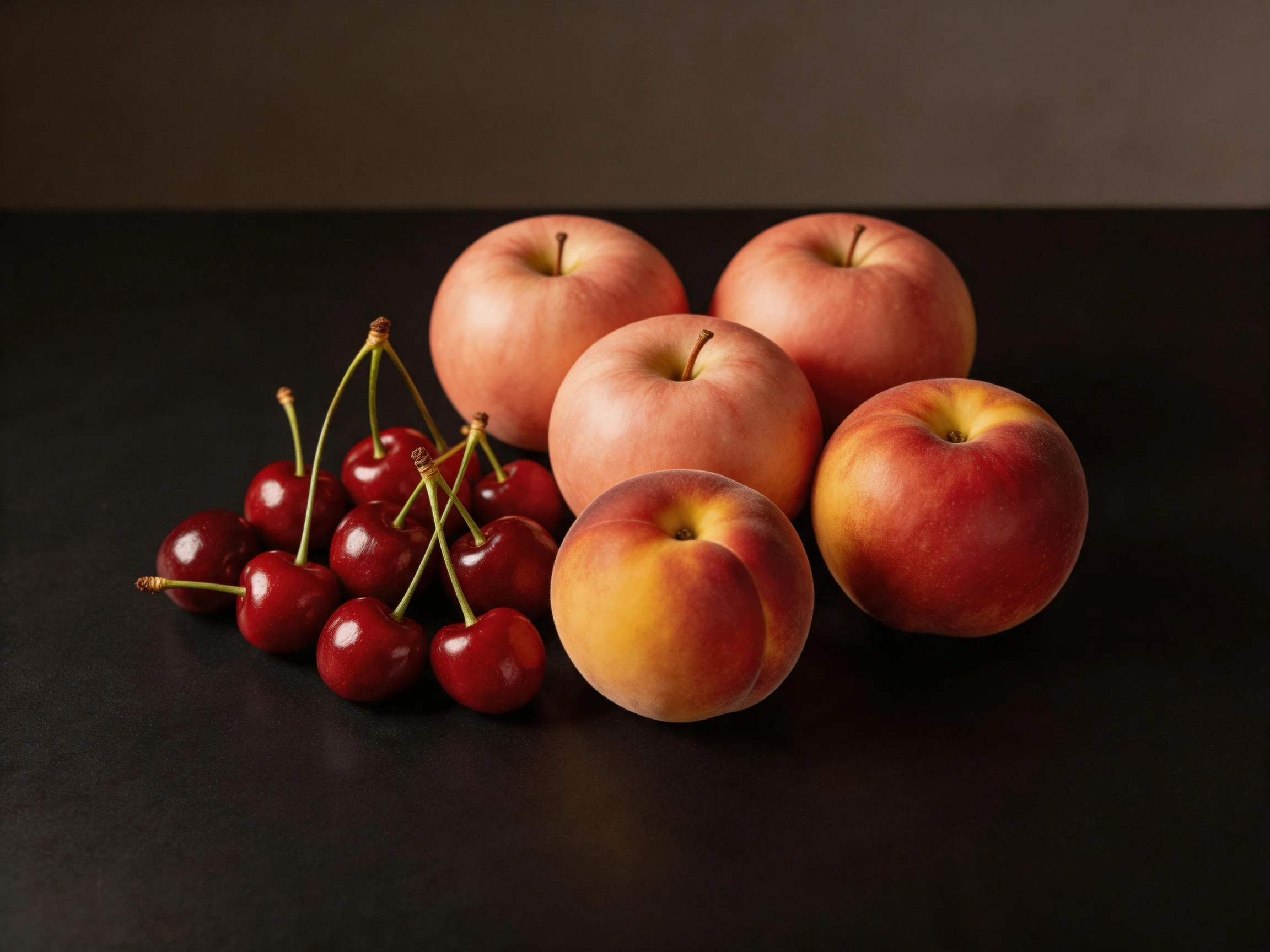A display of four apples, a peach, and cherries on a dark surface