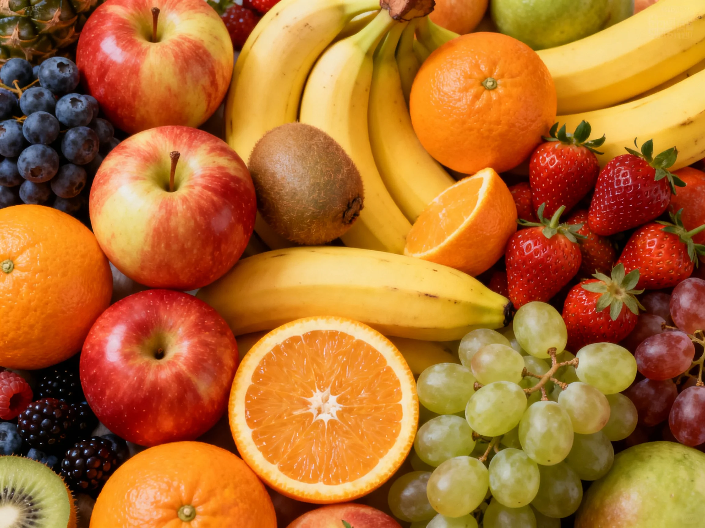 A diverse array of fresh fruits including bananas, apples, oranges, strawberries, and grapes