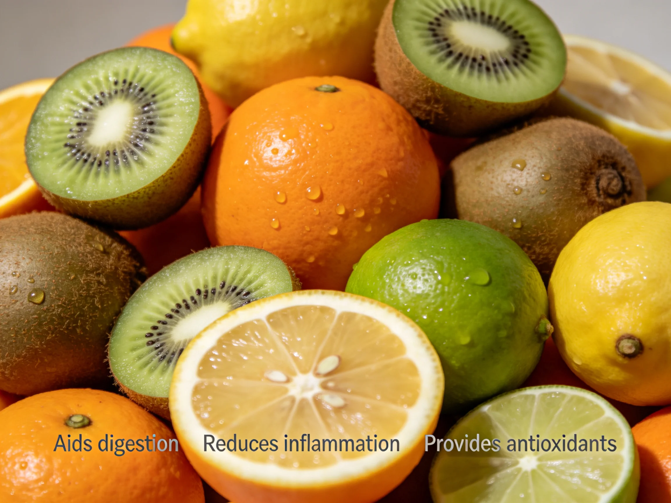 A diverse selection of citrus and tropical fruits with vivid colors and textures