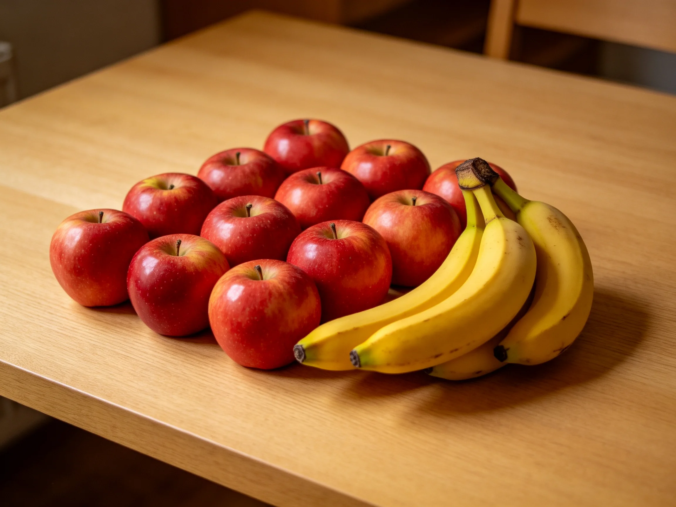 A dozen red apples and a bunch of yellow bananas on a wooden table