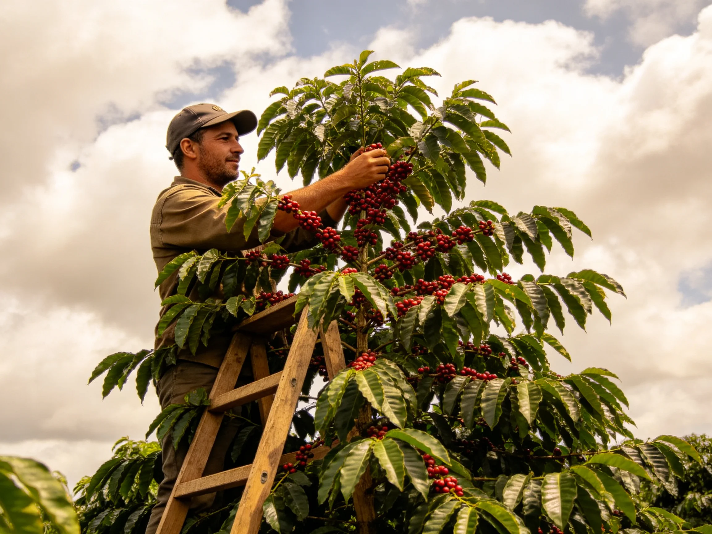 A farmer harvesting ripe red coffee cherries from tall plants with a wooden ladder