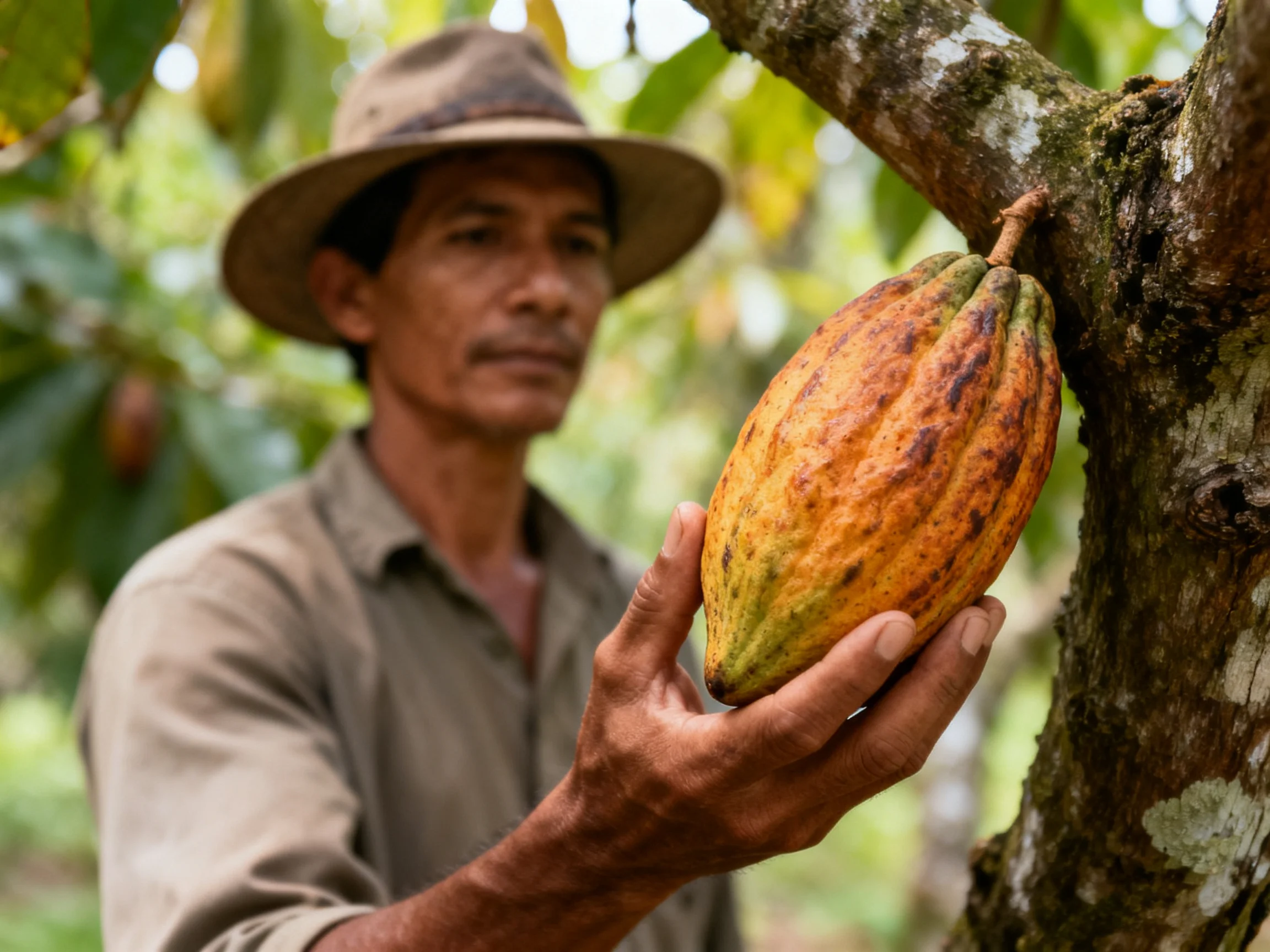 A farmer inspects a large, orange-brown cocoa pod on a mossy tree branch