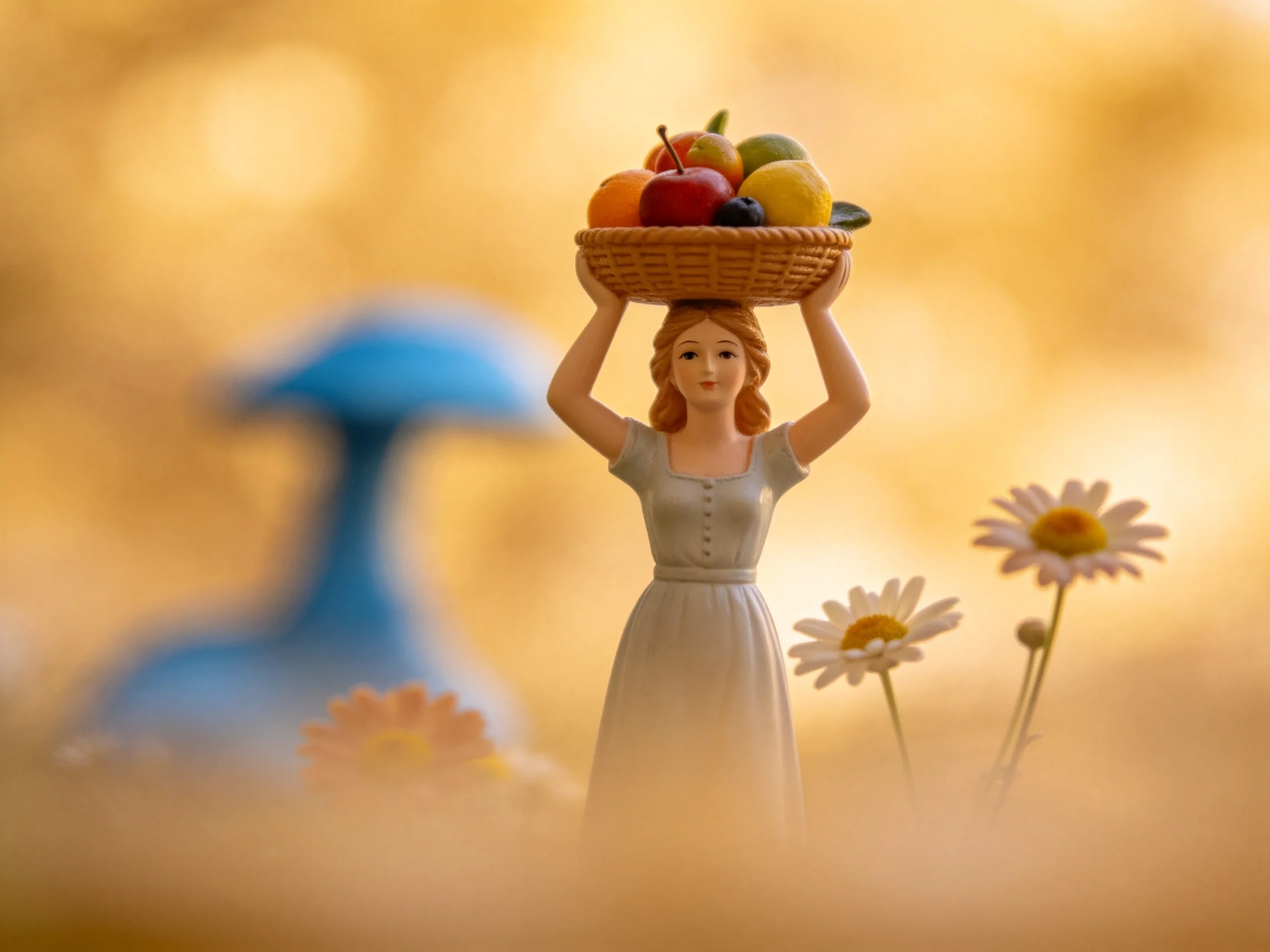 A figurine woman holds a colorful fruit basket near daisies with golden bokeh.