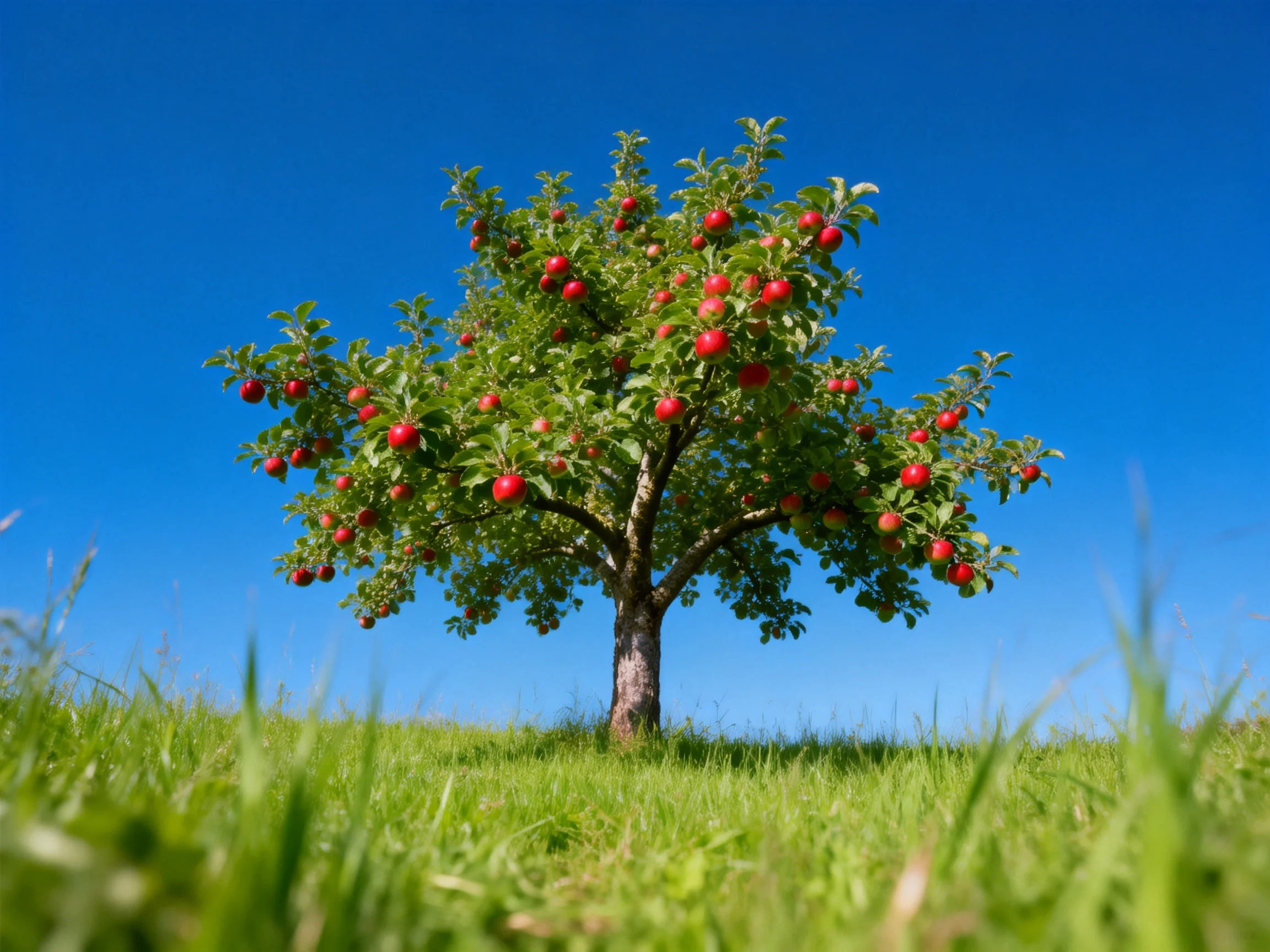 A flourishing apple tree laden with red fruits under a clear blue sky