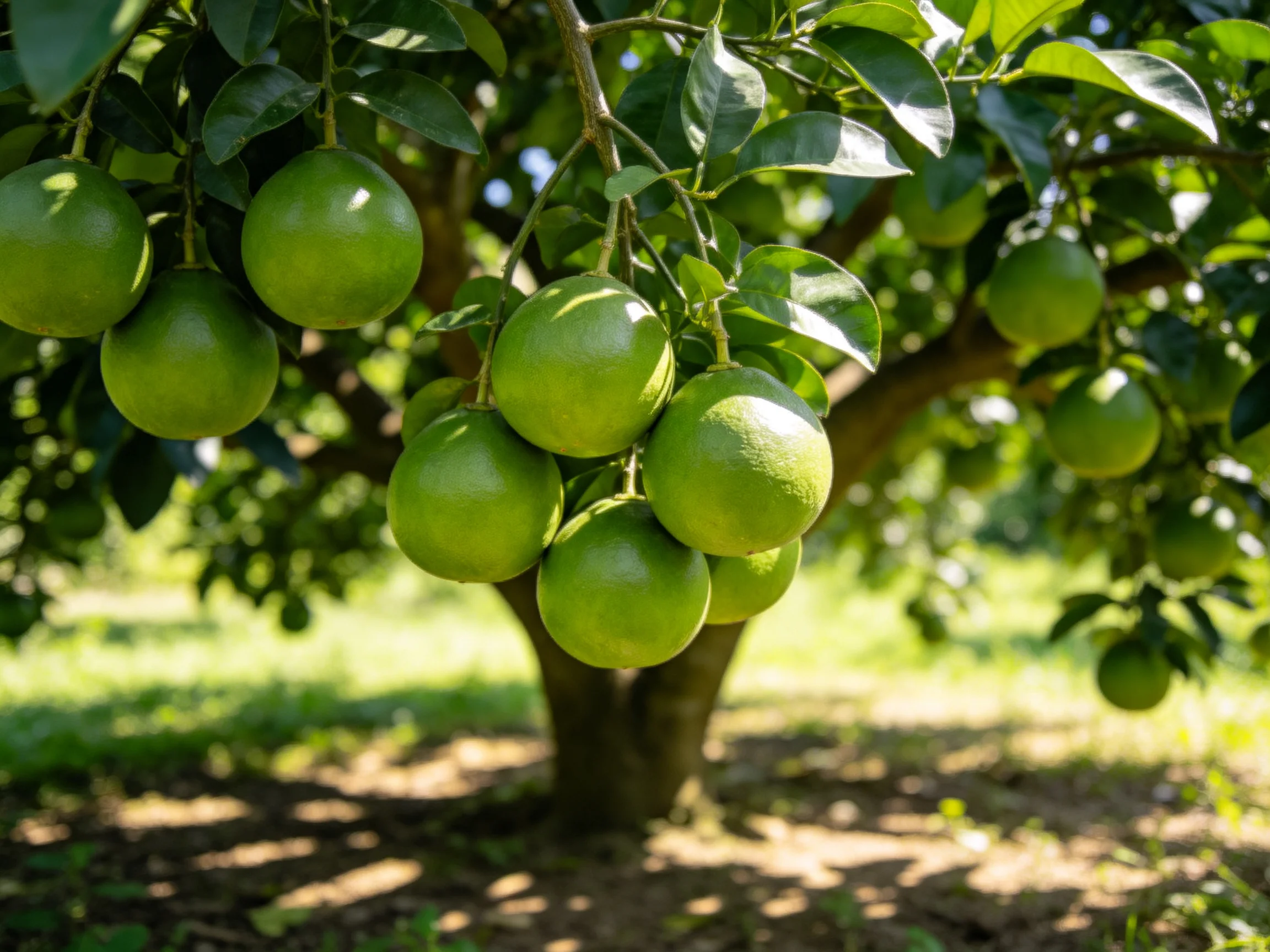 A flourishing citrus tree with numerous bright green round fruits