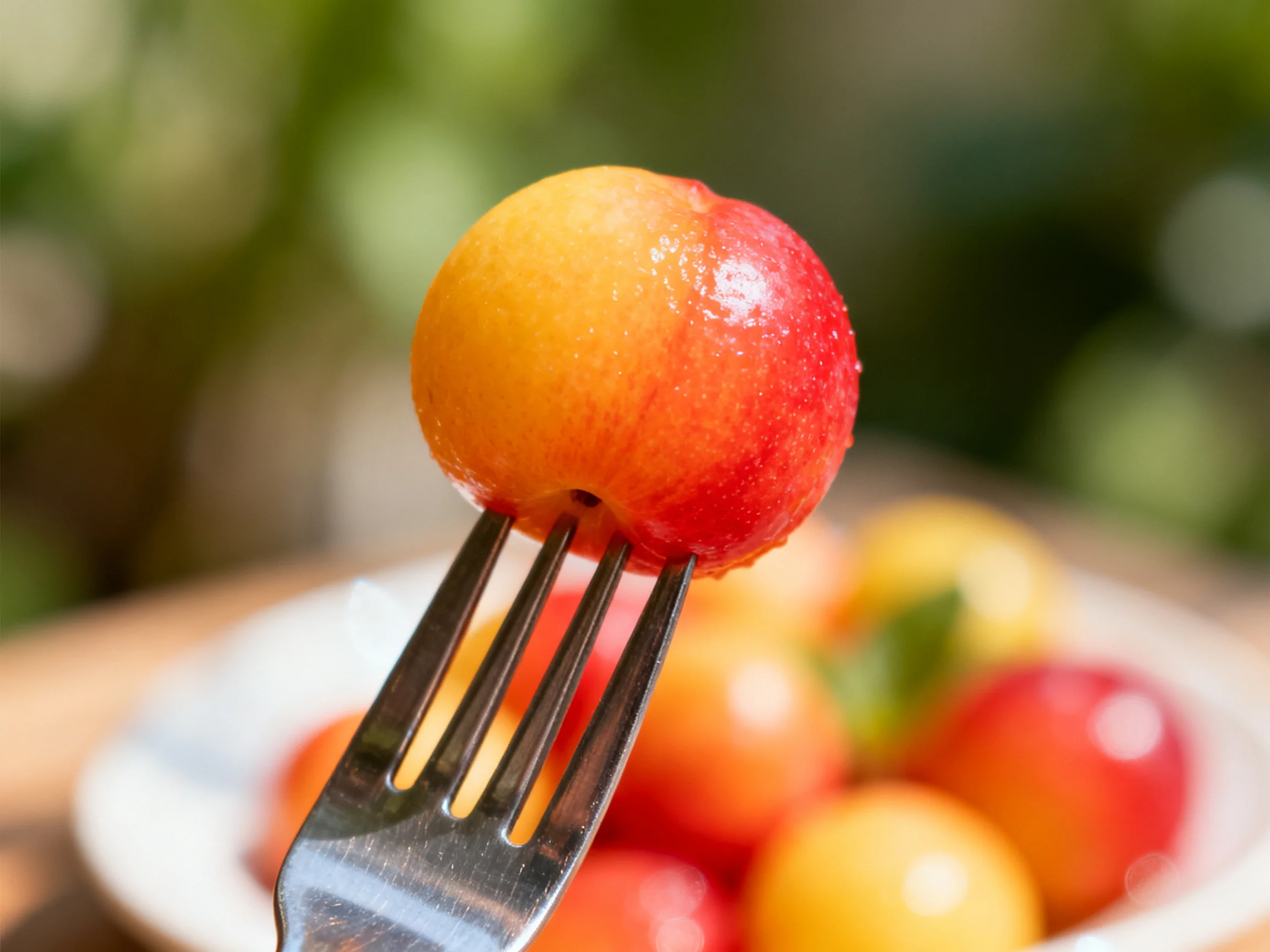 A fork holds a red-orange cherry tomato beside a bowl of multicolored fruits