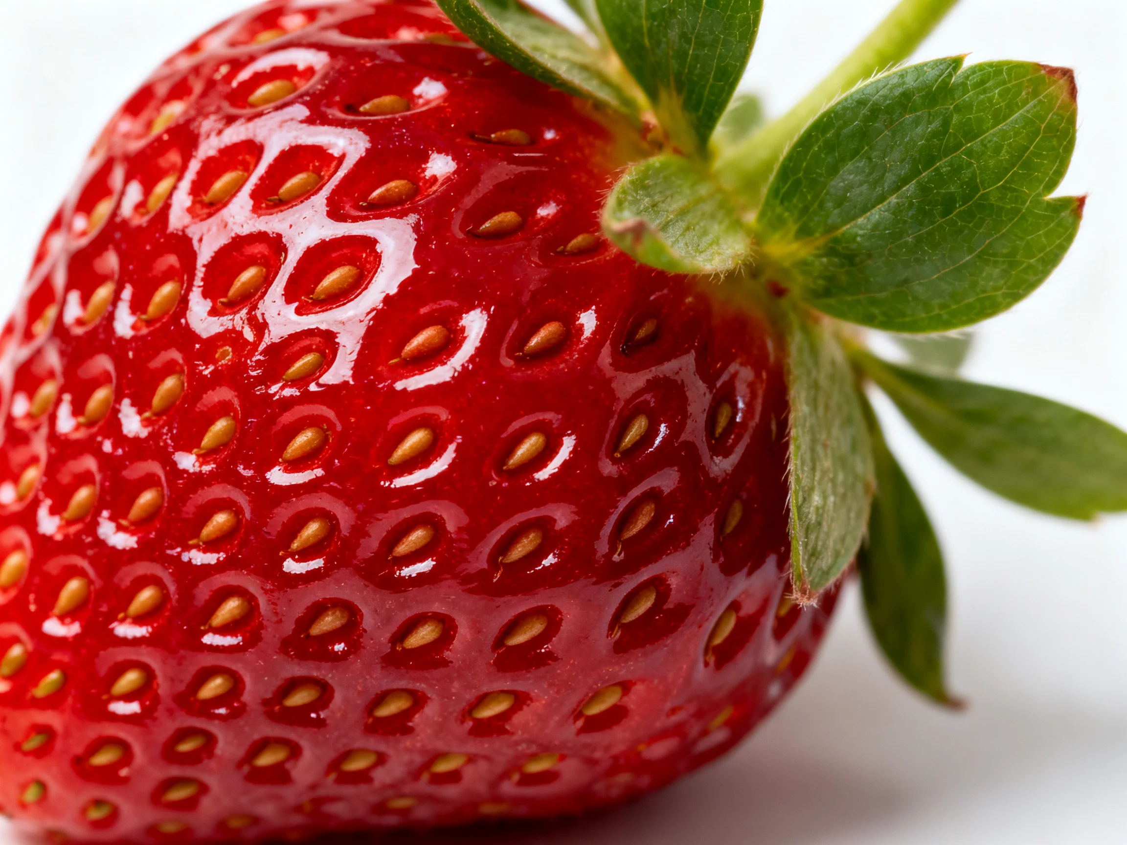 A fresh, glossy red strawberry with green leaves