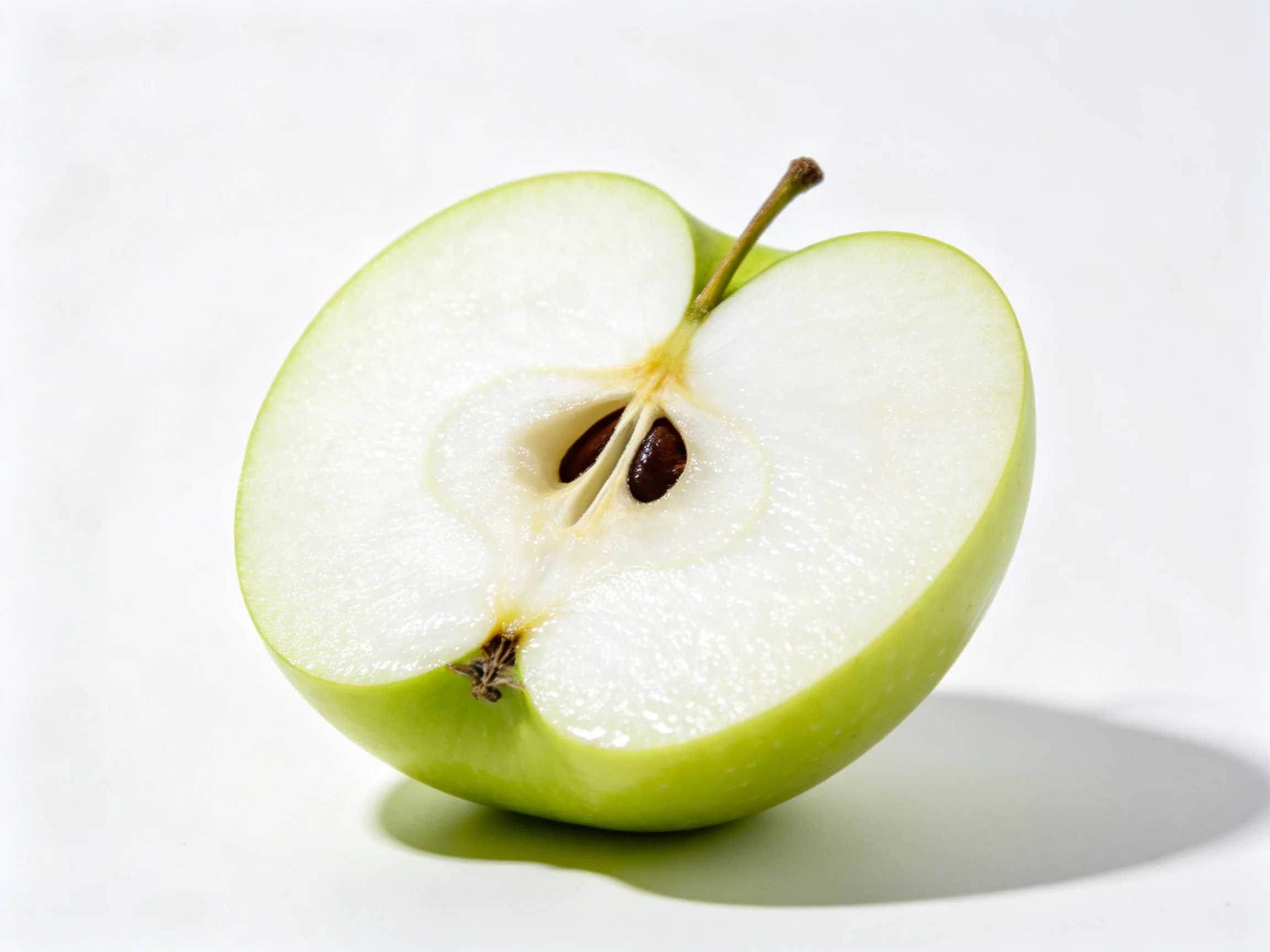 A fresh green apple sliced open revealing white flesh and seeds