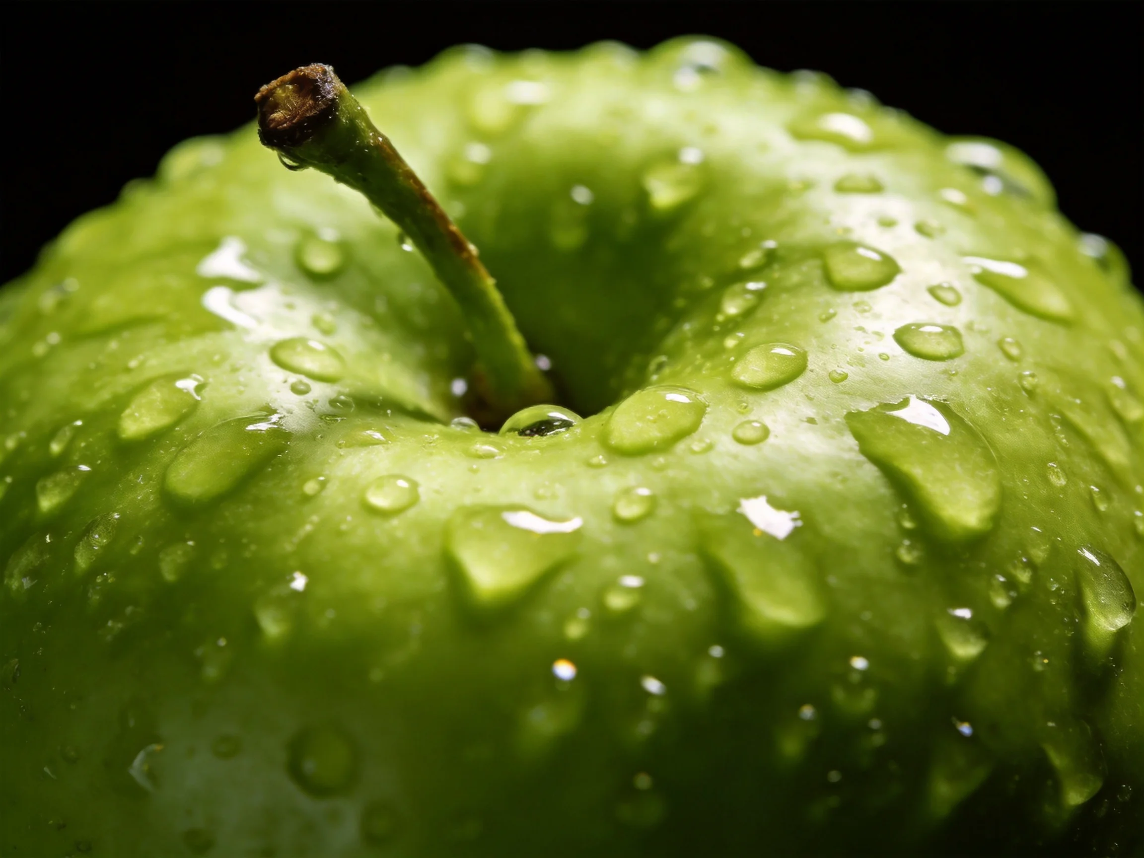 A fresh green apple with numerous water droplets