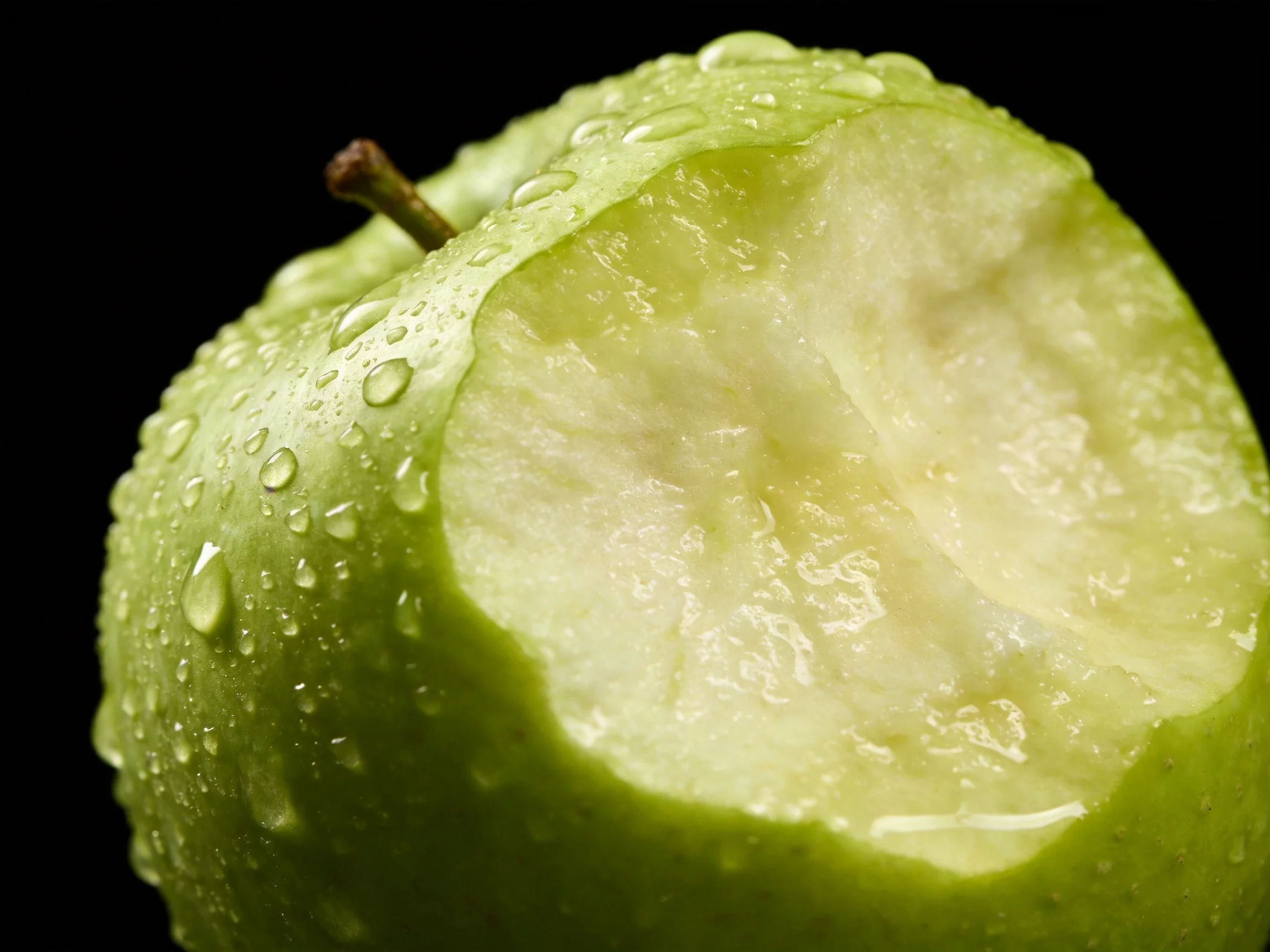 A fresh green apple with water droplets and a large bite mark