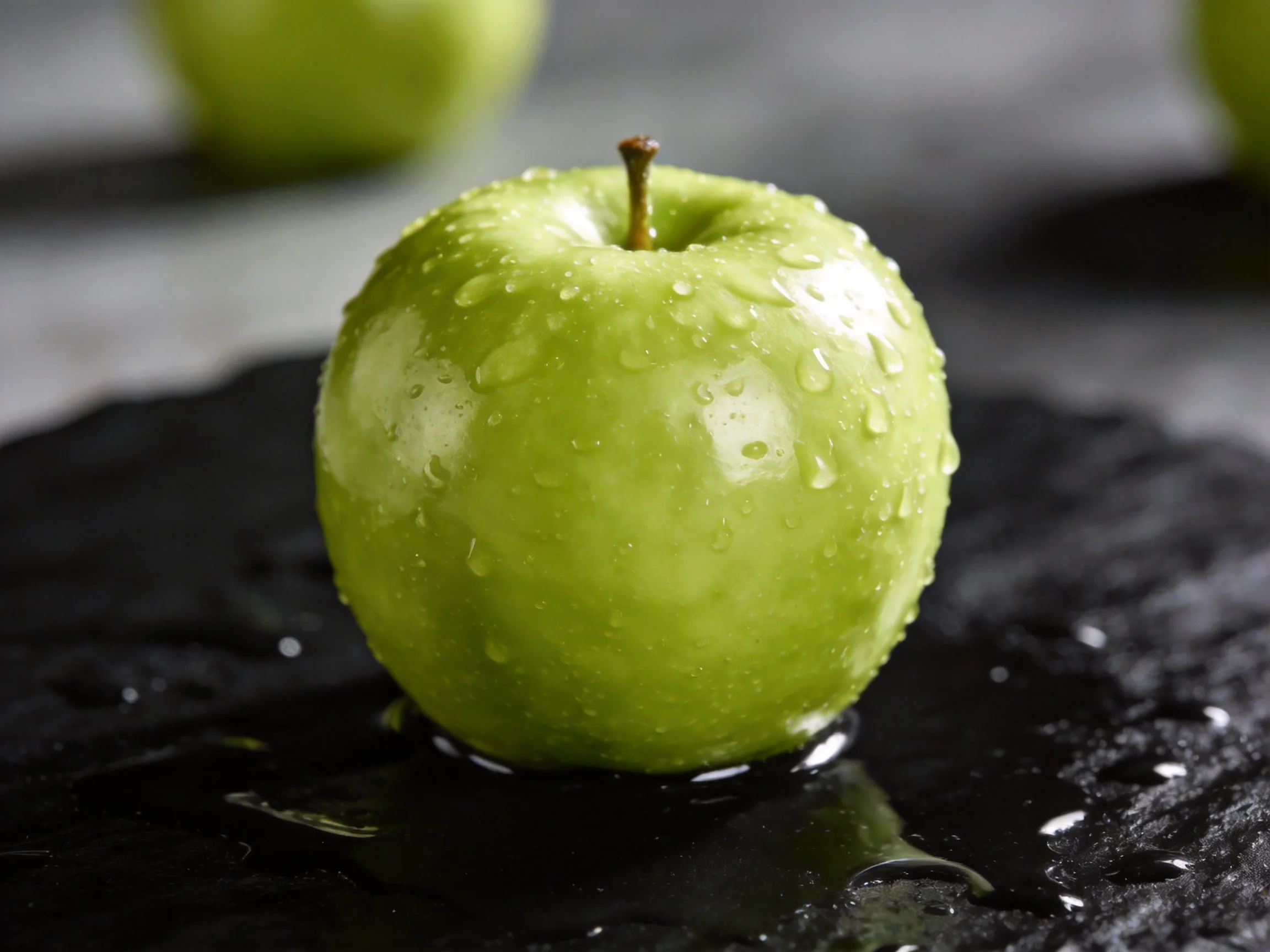 A fresh green apple with water droplets on a dark slate surface