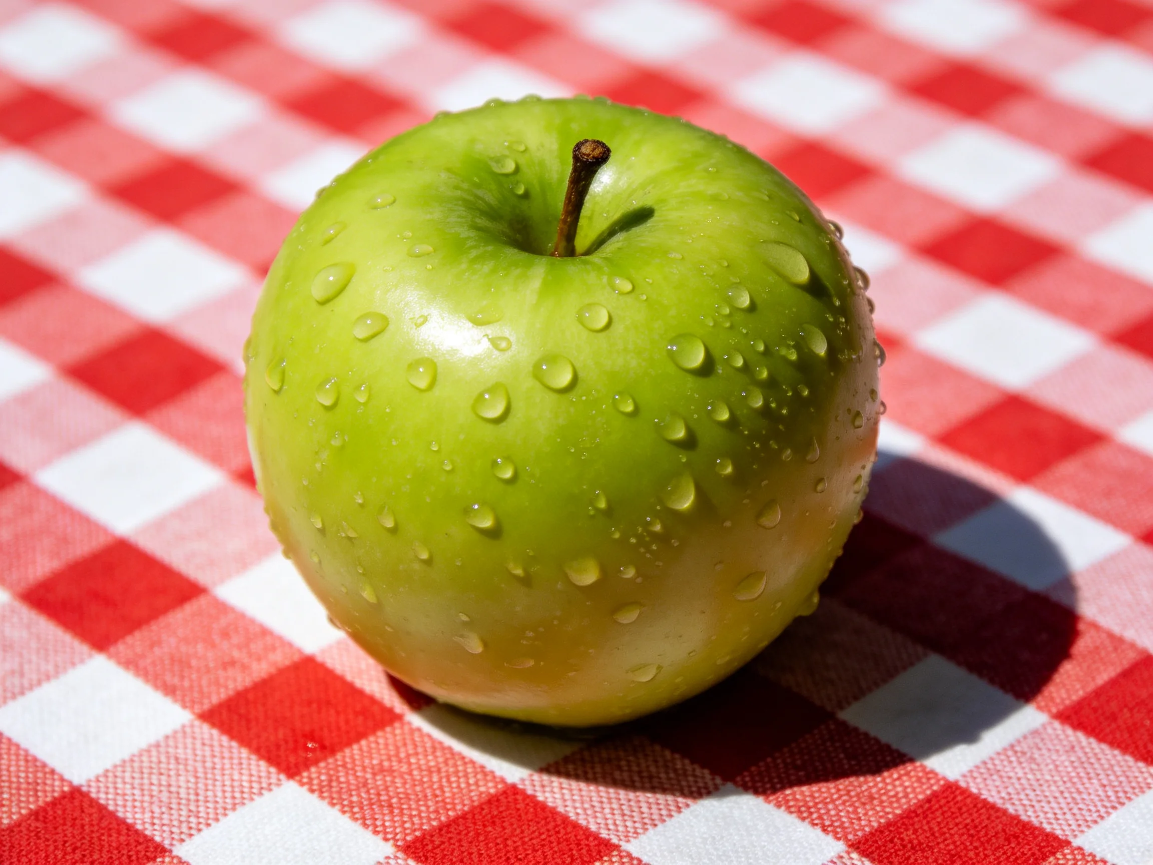 A fresh green apple with water droplets on a red-and-white checkered cloth