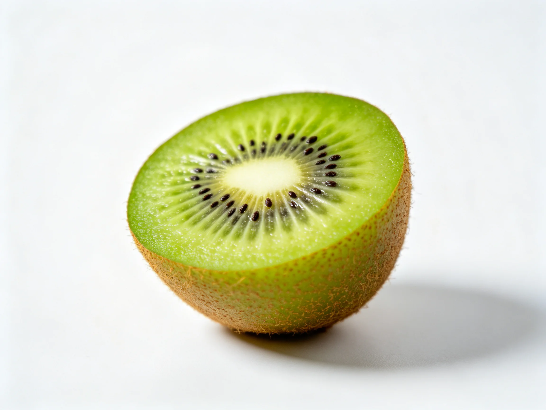 A fresh green kiwi fruit half with brown fuzzy exterior