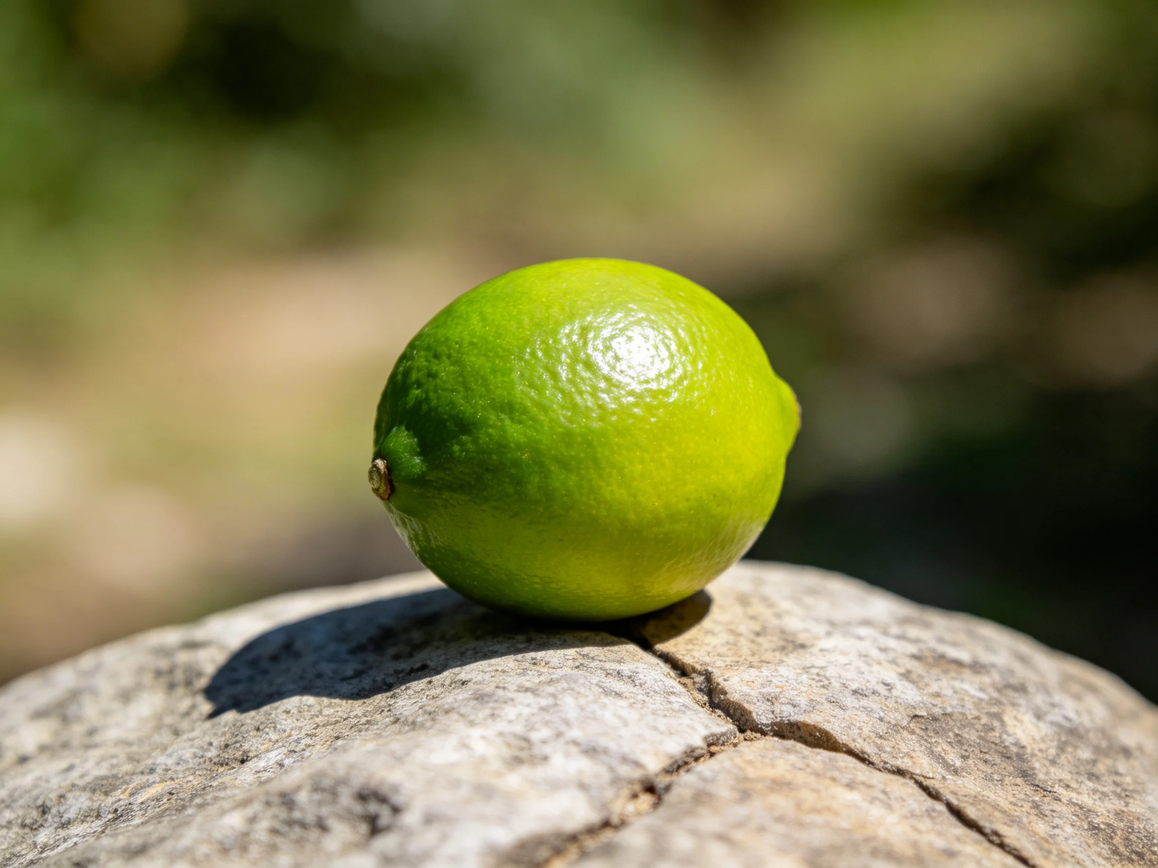 A fresh green lime perched on a cracked stone in an outdoor area